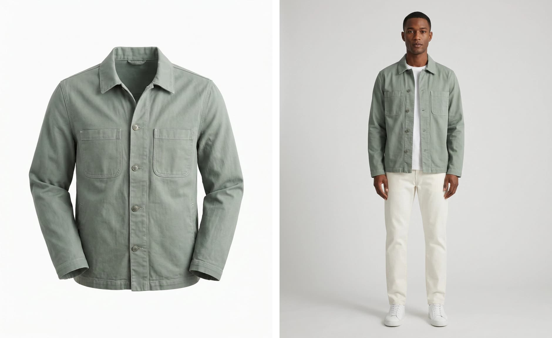 The same sage-green chore jacket shown as a ghost mannequin image holding a body shape with no person inside, next to the jacket worn by a standing male model on gray seamless