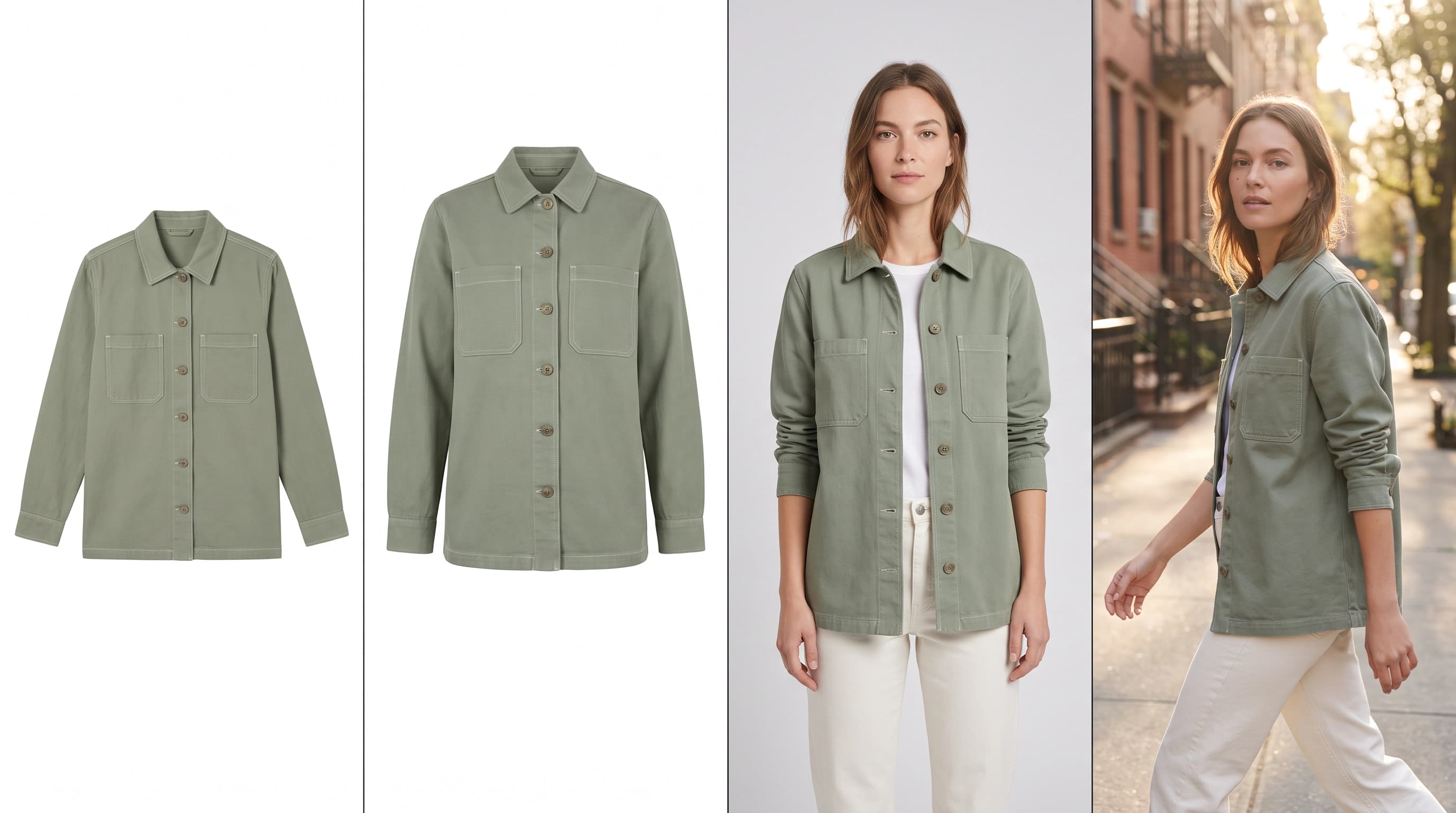 The same sage-green cotton chore jacket photographed four ways: a flat laydown on white, a ghost mannequin frame holding a body shape, an on-model shot on gray seamless, and a lifestyle frame on a sunlit sidewalk.