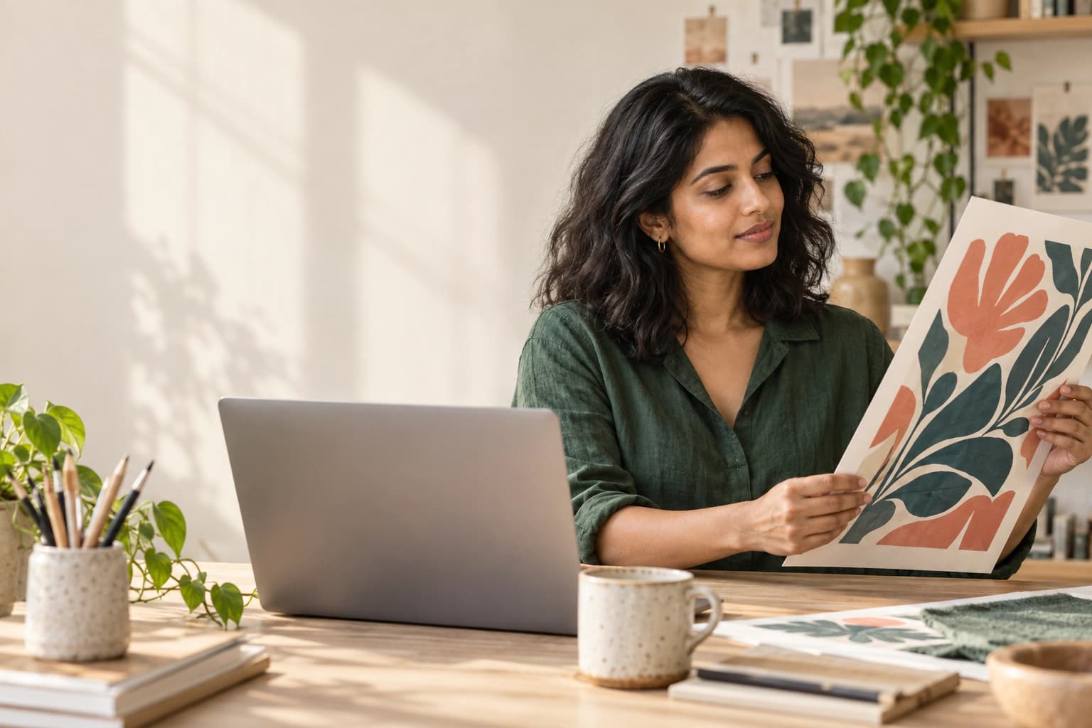 Adult woman in a green linen shirt reviewing a botanical art print beside a laptop in a bright studio.