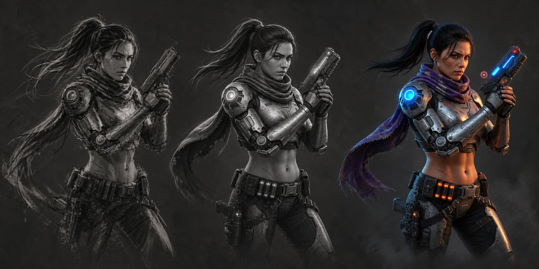 Three-stage concept art progression of Nyra from loose sketch through grayscale refinement to final color render