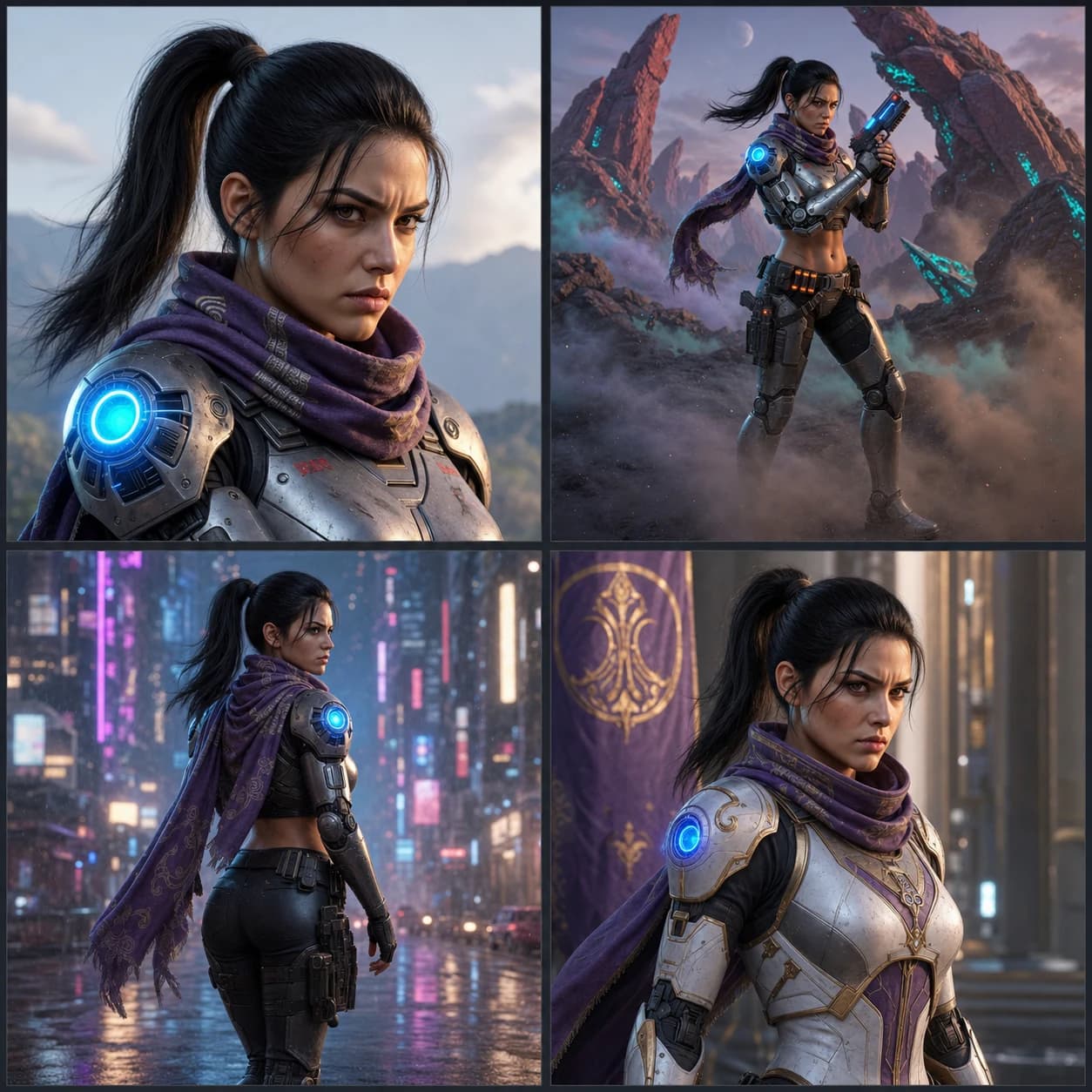 Four-image contact sheet showing Nyra consistently across portrait, combat, neon-city, and ceremonial scenes