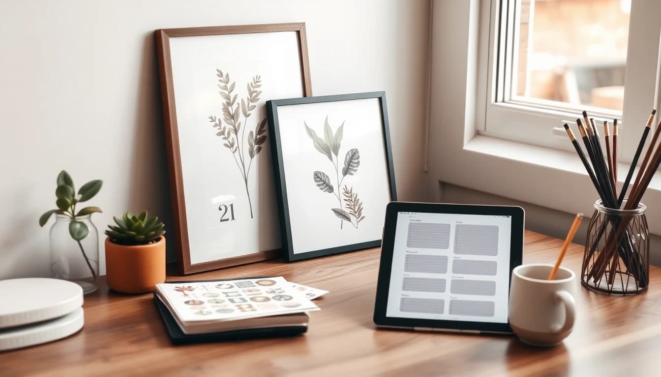 A styled home-office desk showing digital products in use: two framed botanical prints leaning against the wall, a tablet displaying a digital planner template, a printed sticker sheet, a small succulent, brushes in a jar, and a mug by a sunlit window.