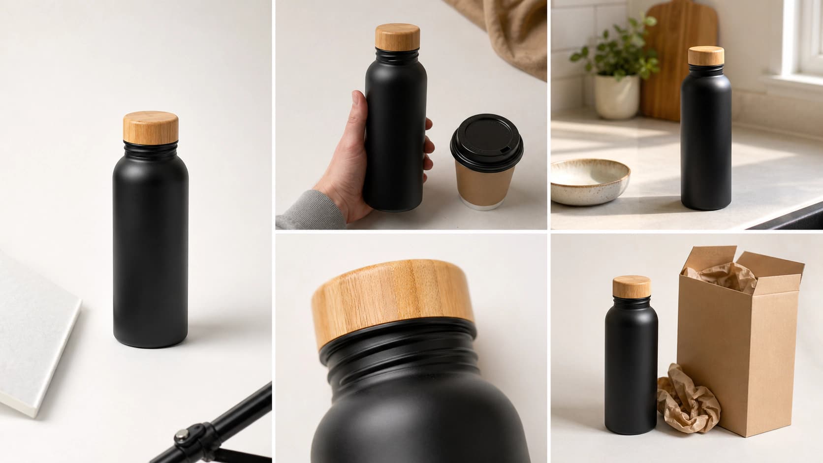 A five-panel grid of one matte black insulated water bottle photographed as a shot list: a white-sweep pack shot, the bottle held in a hand for scale, a macro of the bamboo lid, a kitchen counter scene, and the bottle beside its open kraft shipping box.