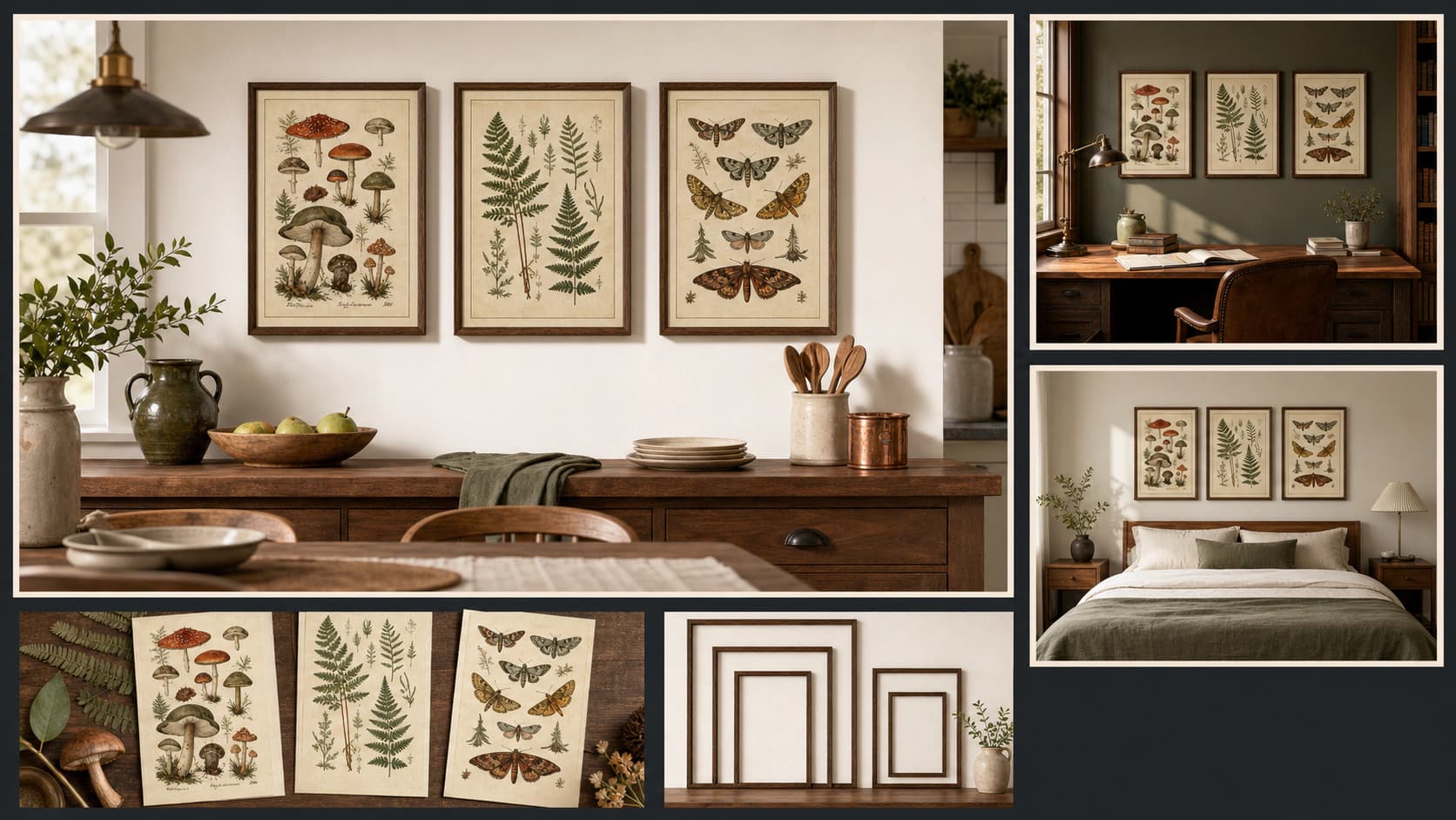 Coordinated mushroom, fern, and moth printable art set shown in a kitchen, study, bedroom, flat file preview, and size guide