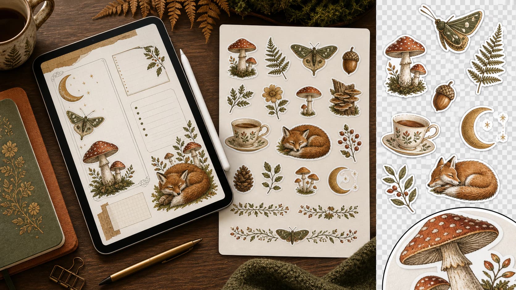 Woodland digital sticker bundle shown as a complete sheet, transparent individual assets, close-up, and decorated tablet planner