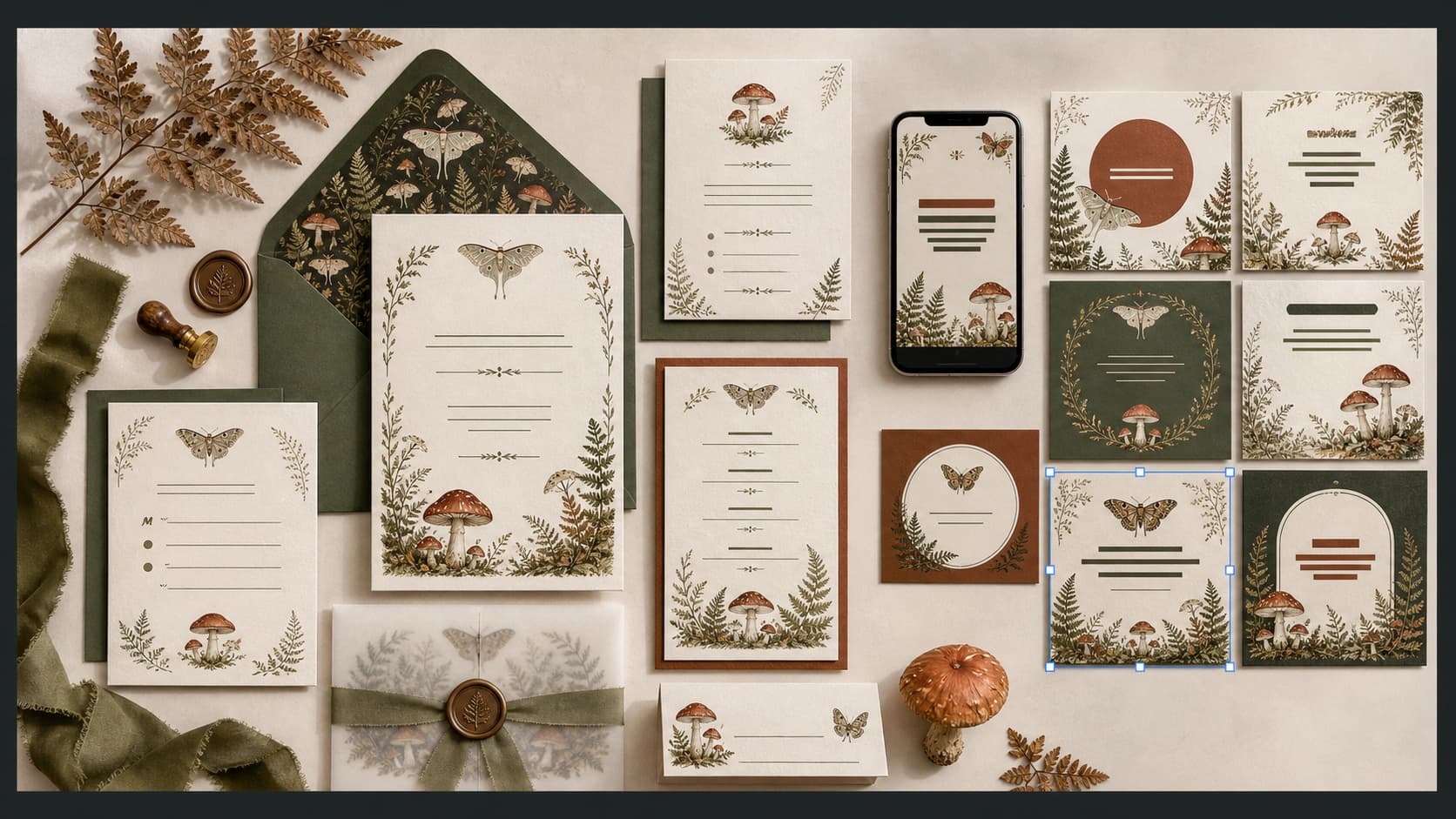 Coordinated woodland invitation, RSVP, details, menu, place card, envelope, and social-template suite