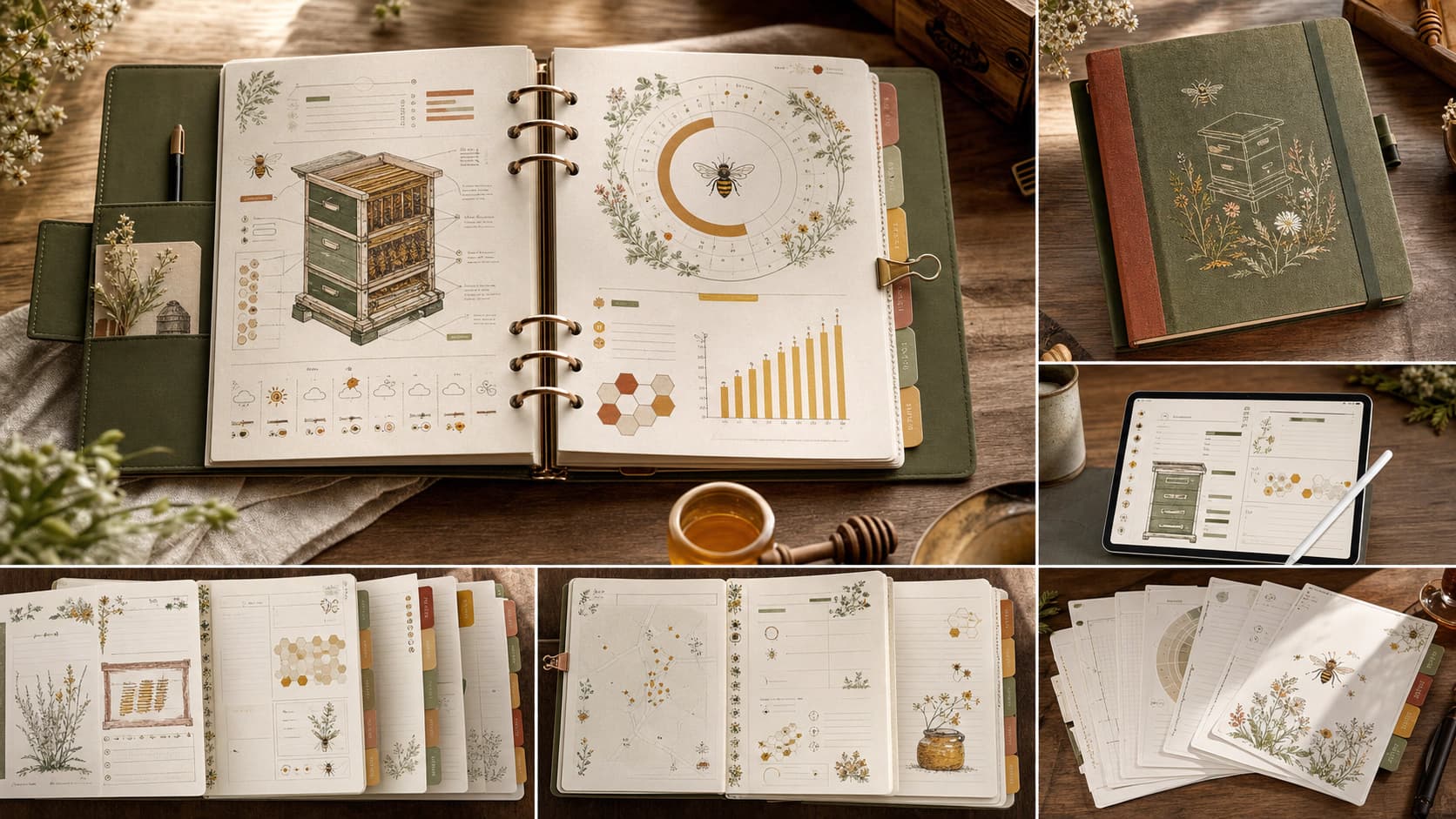 Detailed beekeeping planner shown open, closed, on a tablet, as varied interior spreads, and as printable inserts