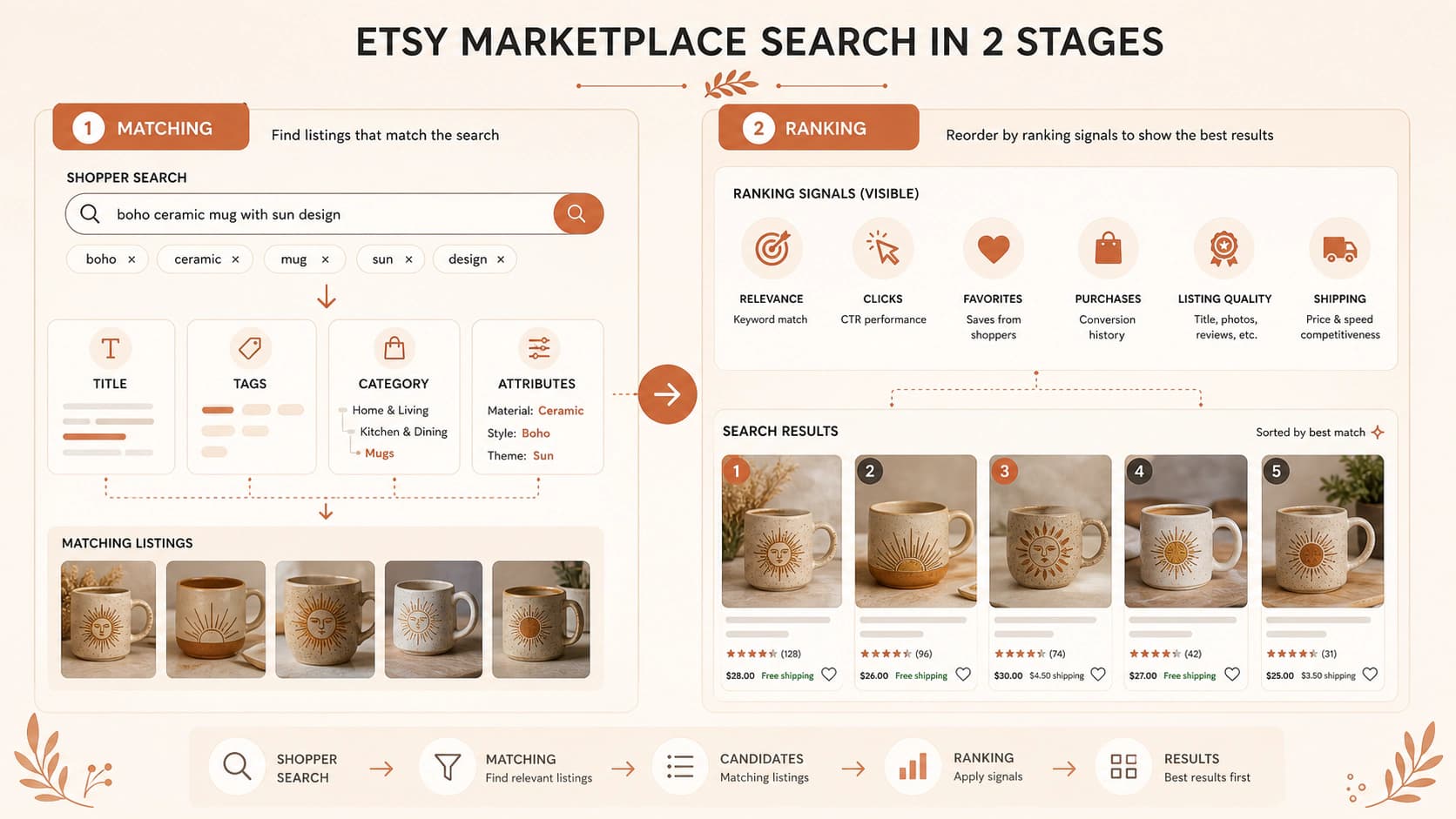 Two-stage Etsy search diagram showing keyword matching followed by listing ranking