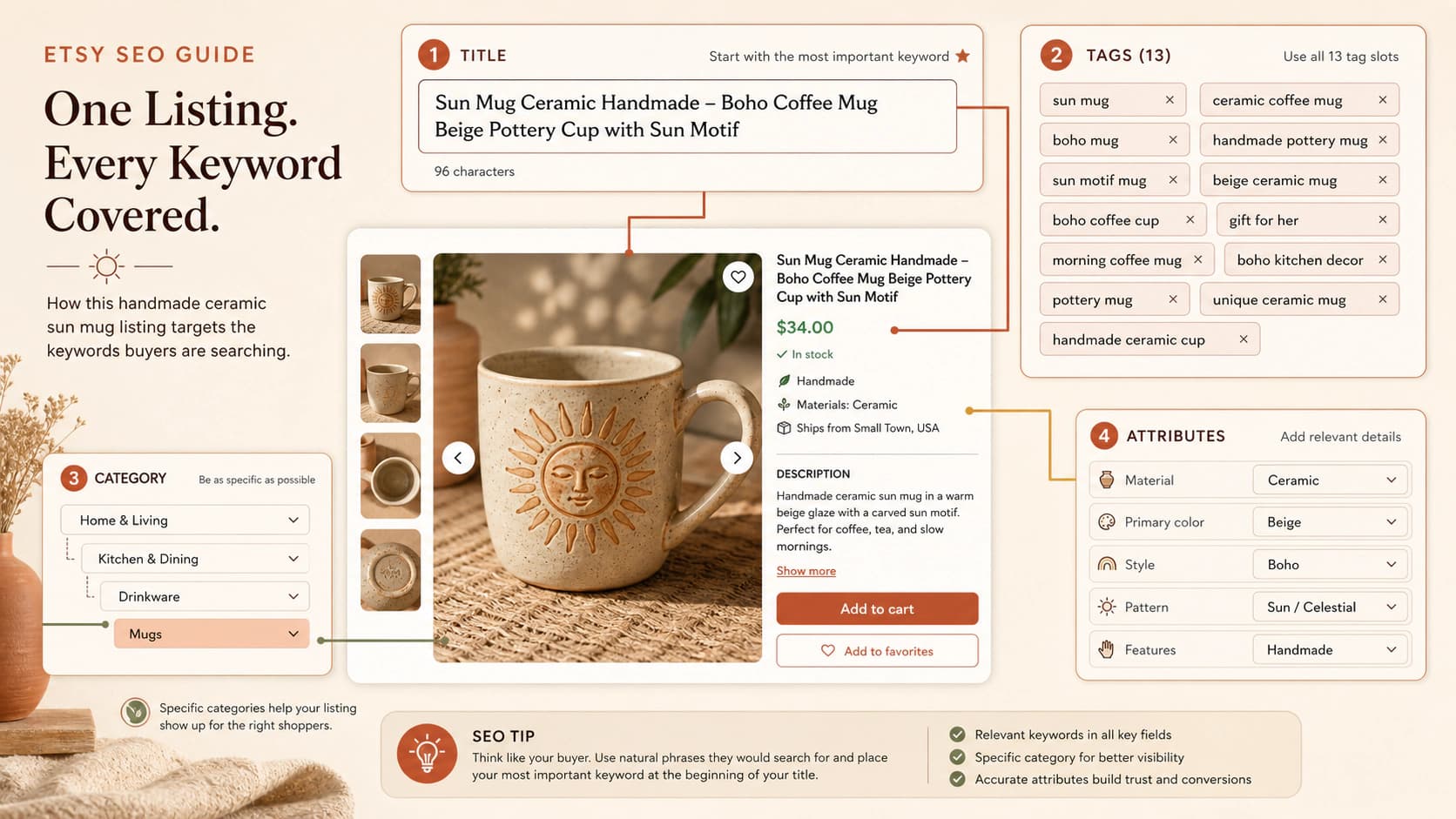 Handmade mug listing with optimized title, 13 tags, specific category, and product attributes