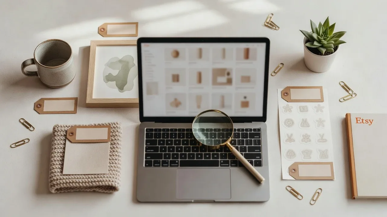 An Etsy seller's desk flat lay: a laptop showing a grid of product listings with a magnifying glass resting on the keyboard, surrounded by kraft price tags, gold paper clips, a ceramic mug, a succulent, a sticker sheet, and an Etsy-branded notebook.