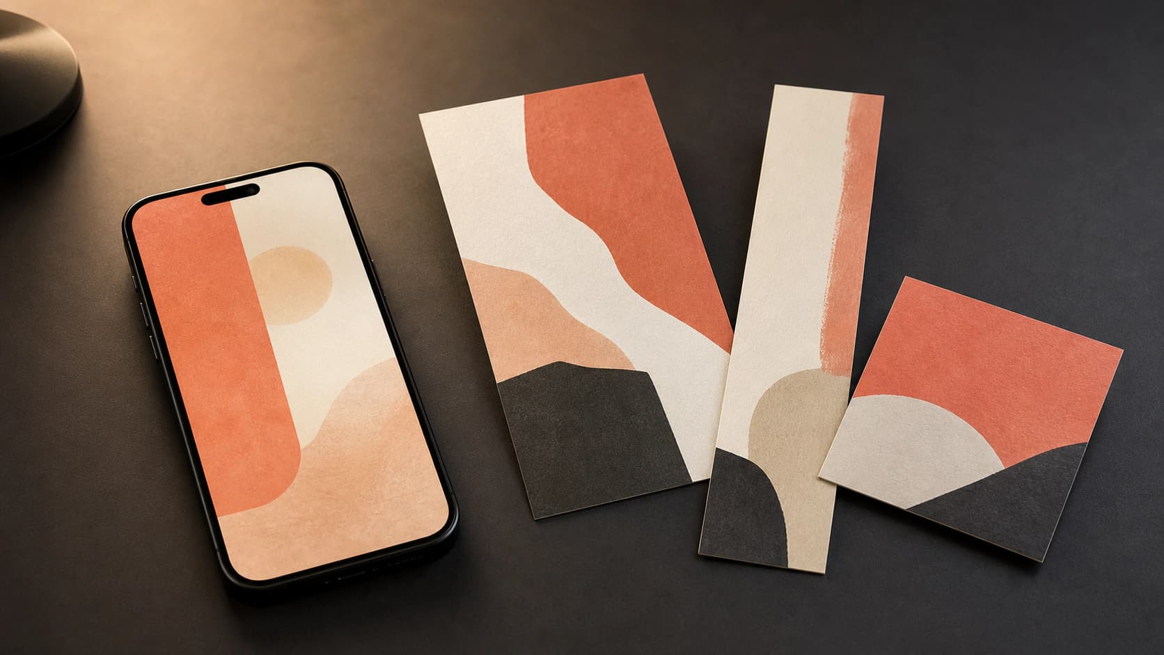 One ad concept printed at four placement sizes on a desk: a phone screen, a 4:5 card, a tall skyscraper strip, and a square