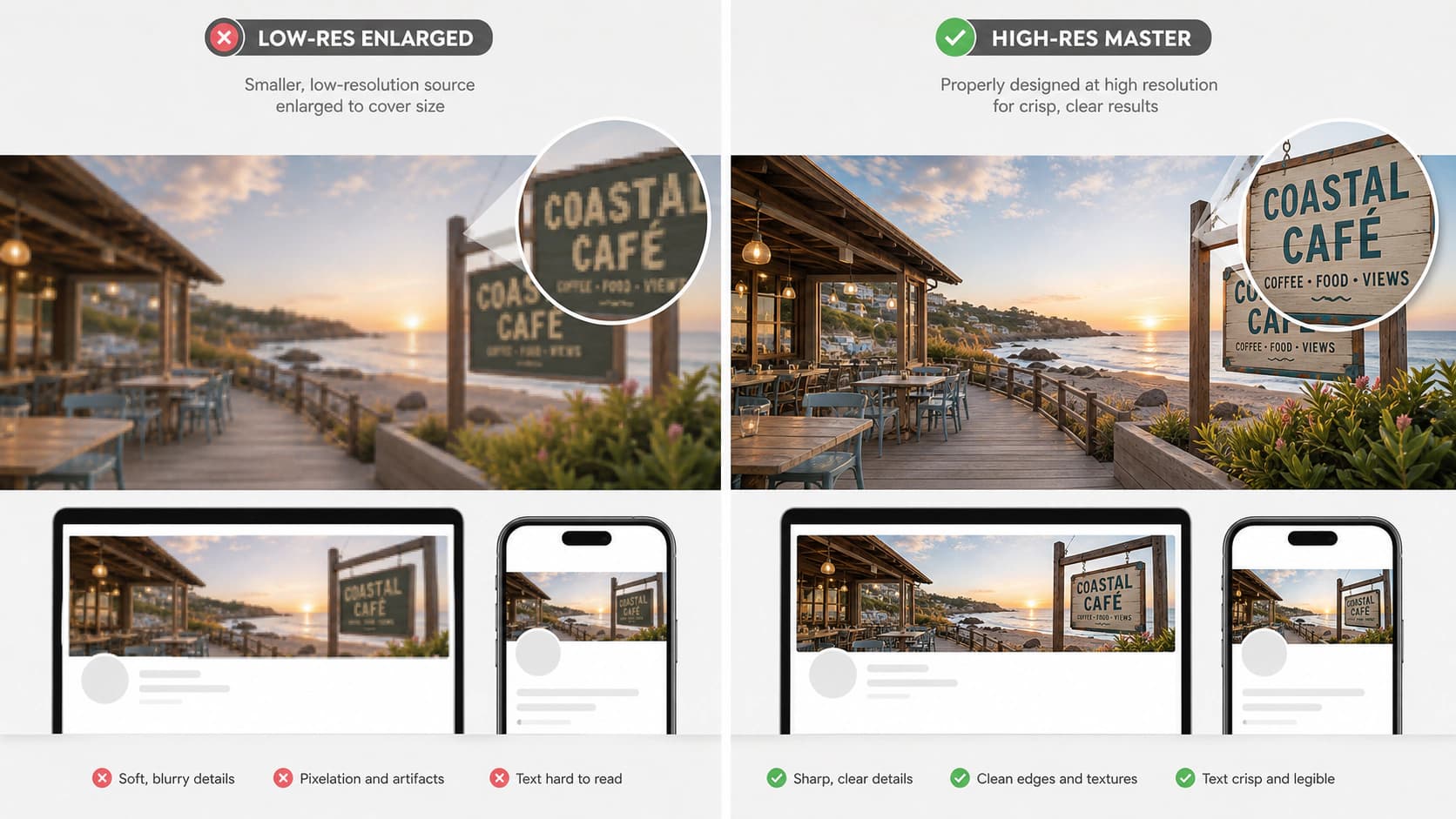 Low-resolution enlarged cover compared with a sharp high-resolution cover master