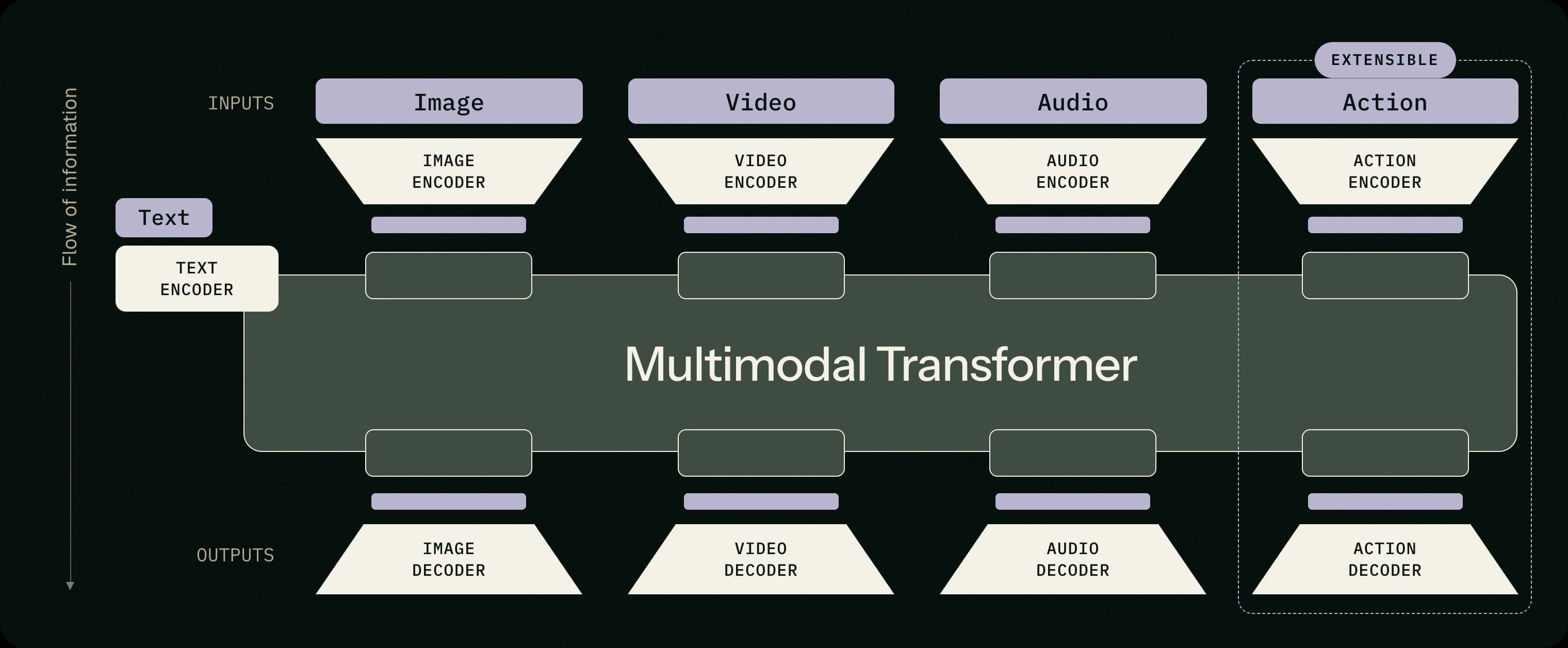 Black Forest Labs diagram showing image, video, audio, and action inputs and outputs connected through one multimodal transformer