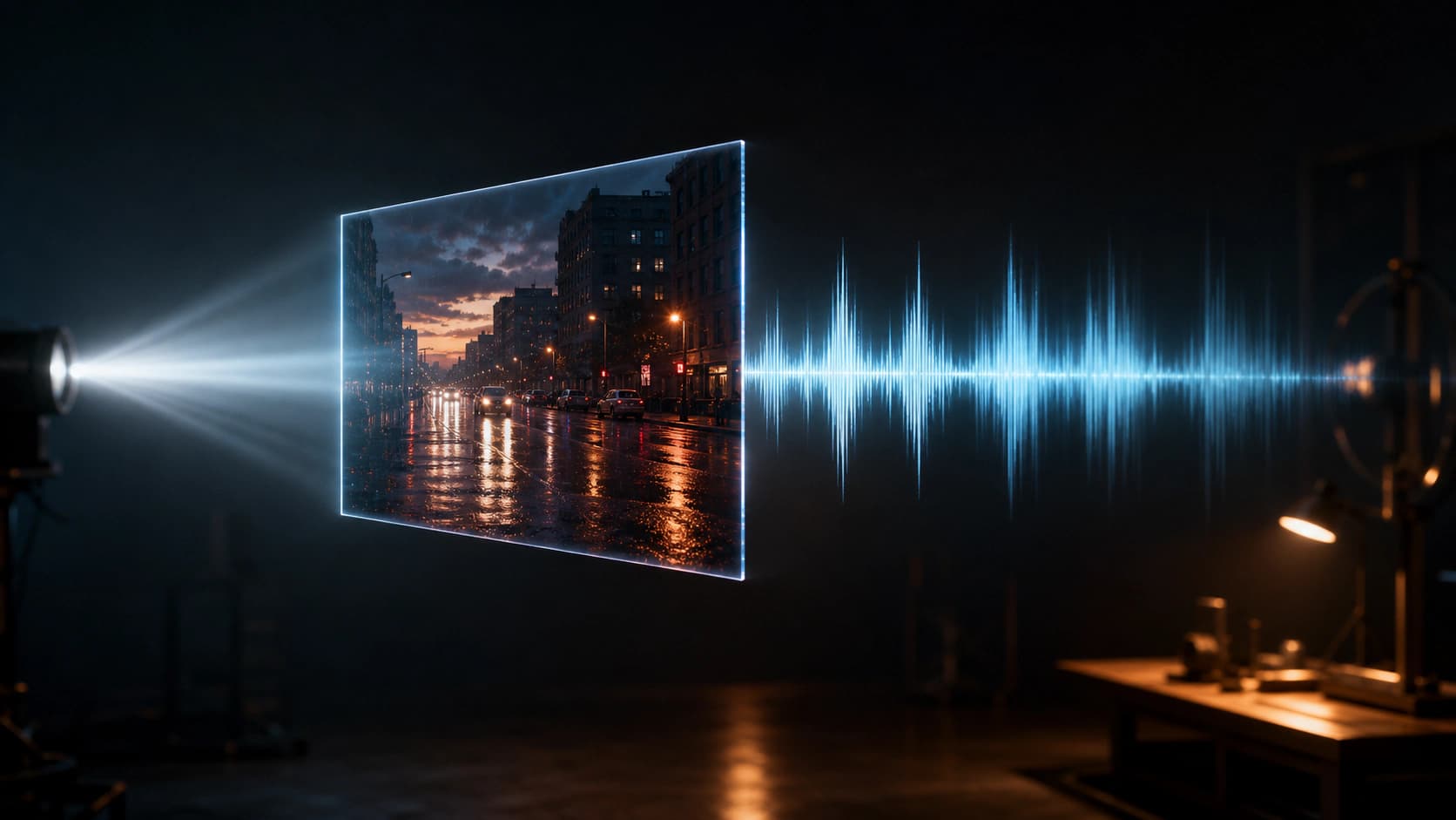 A darkened studio where a single glowing video frame of a rain-slicked street hangs mid-air, lit by one beam, with a bright audio waveform running out of its edge, illustrating video and sound generated together by one model.