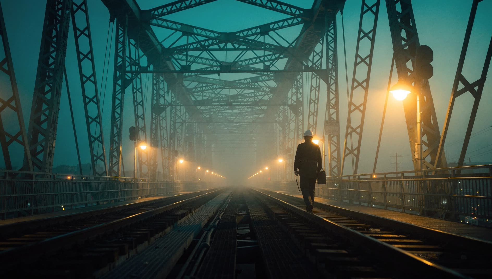 FLUX.2 cinematic frame of a lone signal operator silhouetted on a hazy rail bridge at blue hour, trusses converging toward the horizon