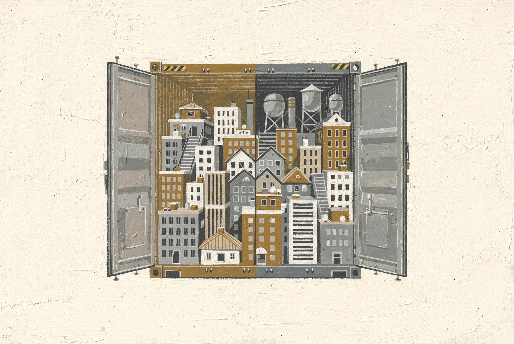 FLUX.2 gouache editorial illustration of an open shipping container packed with a dense city, painted in ochre, slate and off-white