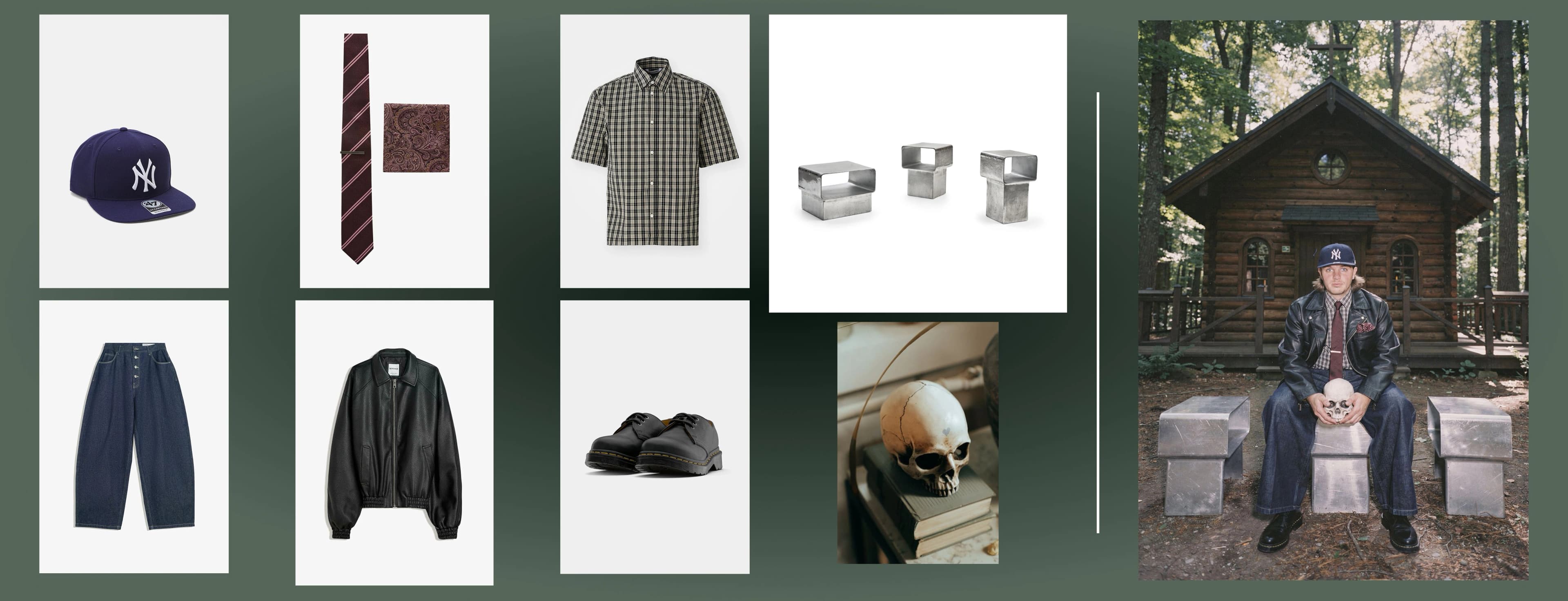 Eight clothing, accessory, furniture, and location references combined into one FLUX.2 fashion portrait