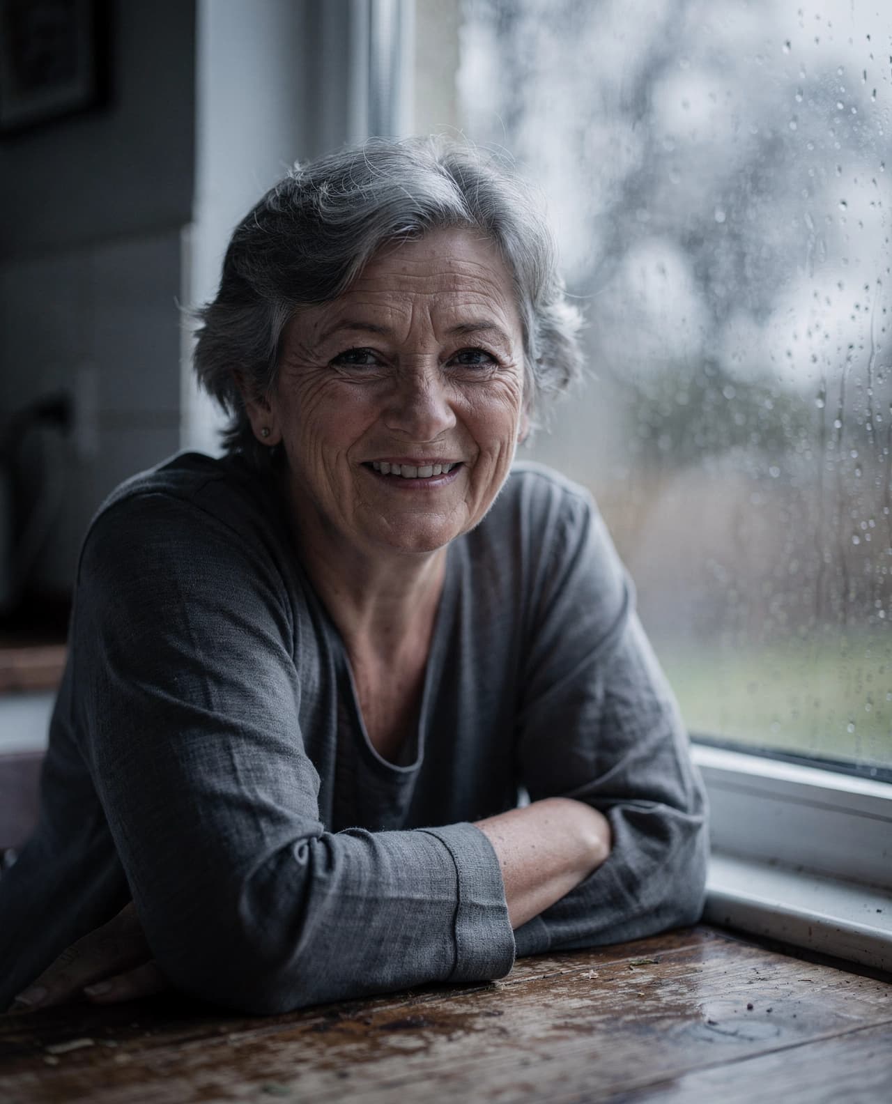 FLUX.2 photoreal portrait of a gray-haired woman in her sixties at a kitchen table beside a rain-streaked window