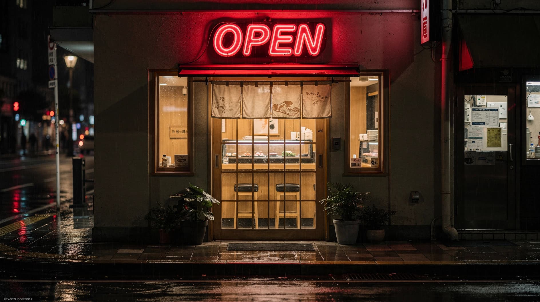 FLUX.2 generated rainy storefront with the word OPEN rendered in red neon above the entrance