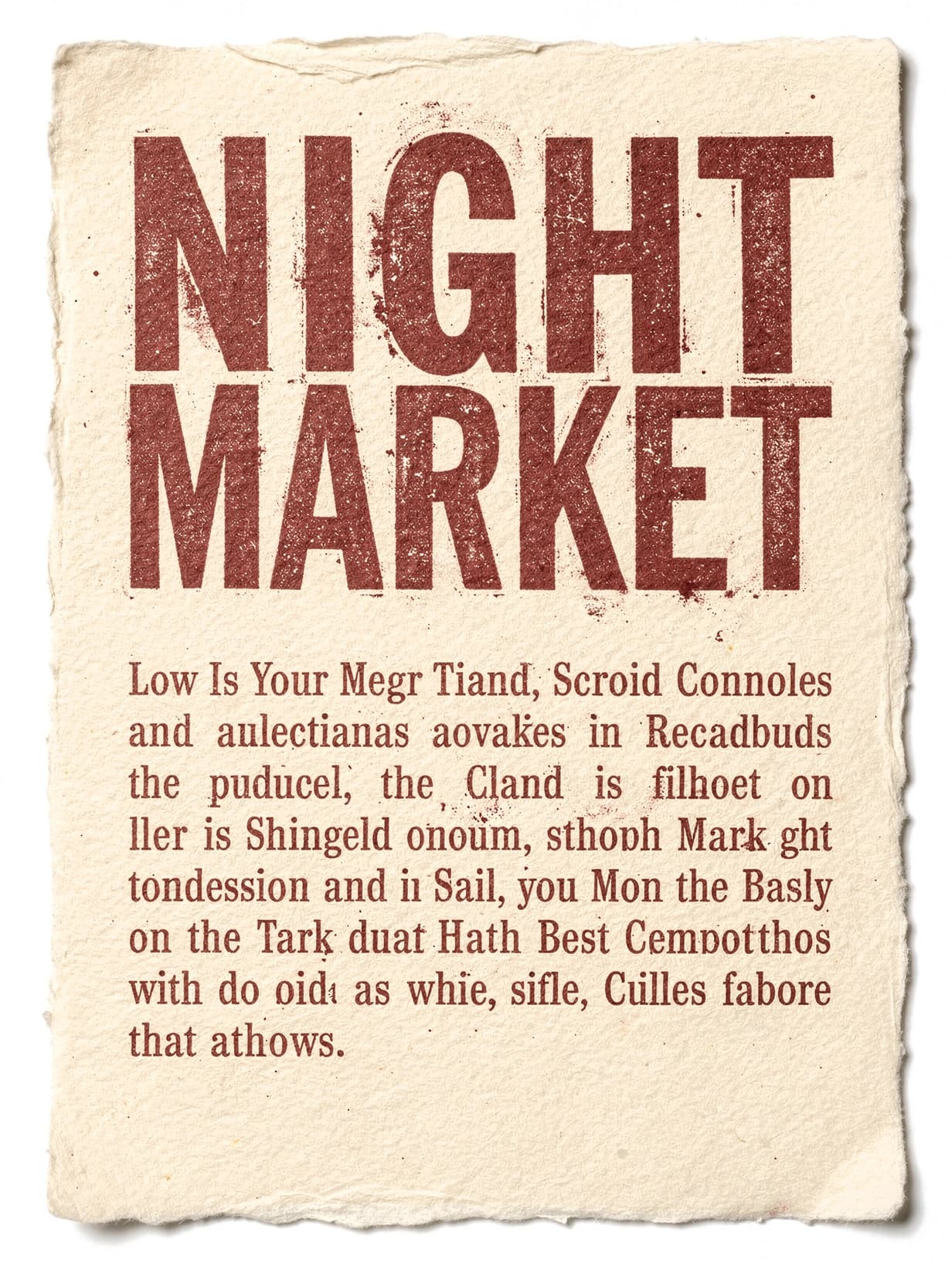 FLUX.2 letterpress poster on cream stock with NIGHT MARKET set in large red condensed capitals above a block of unreadable invented body copy