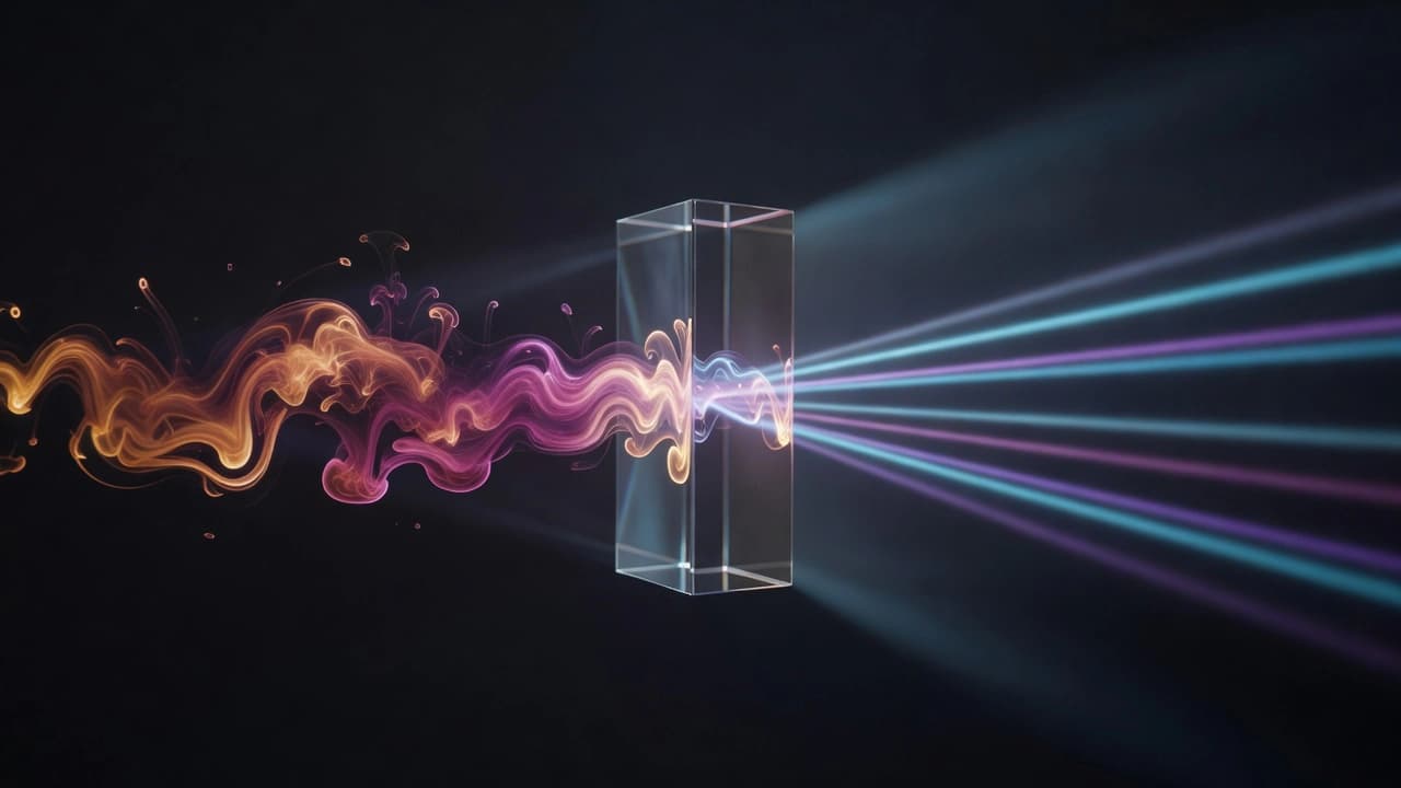 A ribbon of luminous liquid light flowing through a glass prism in a dark studio, resolving from formless flow into a sharp, ordered beam