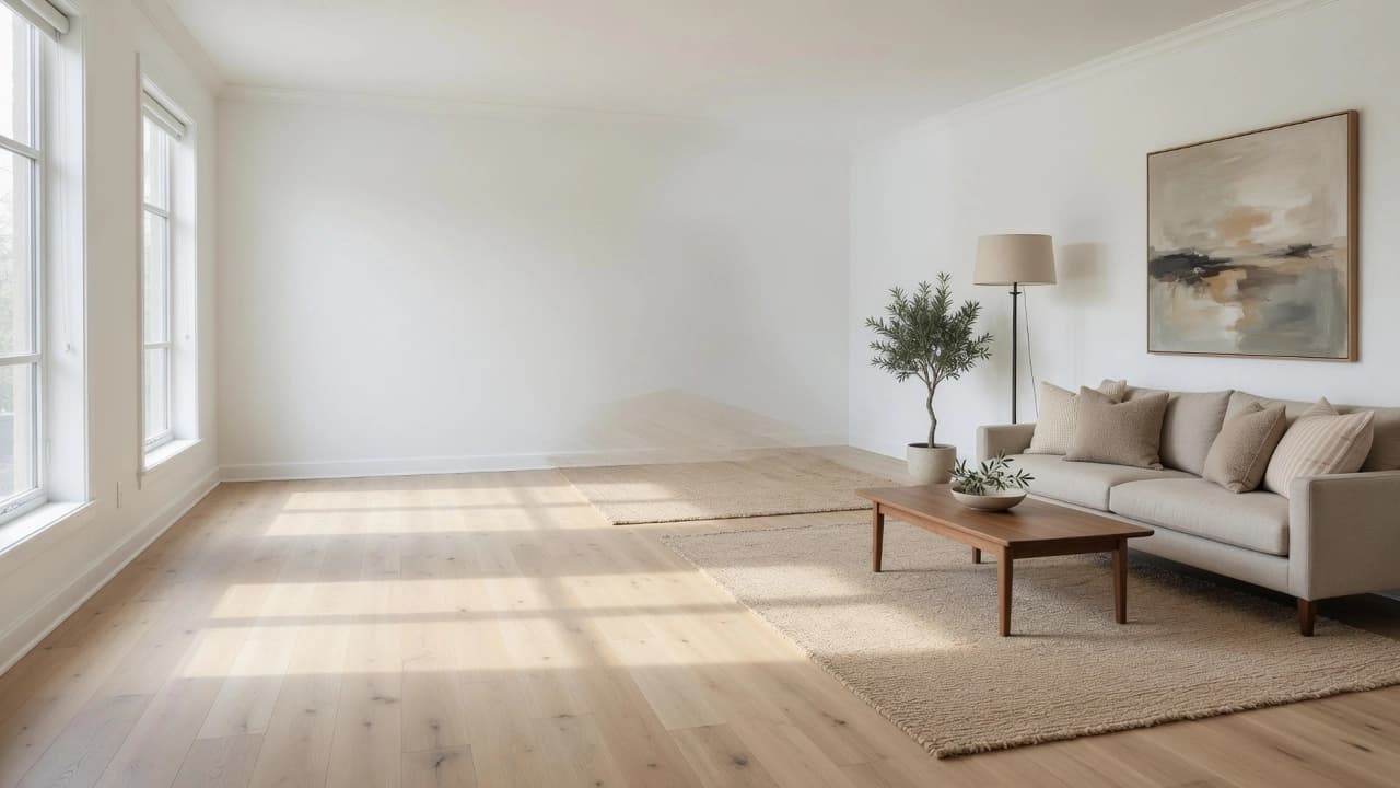 A sunlit living room left bare on one side and staged with a linen sofa, jute rug, and walnut coffee table on the other