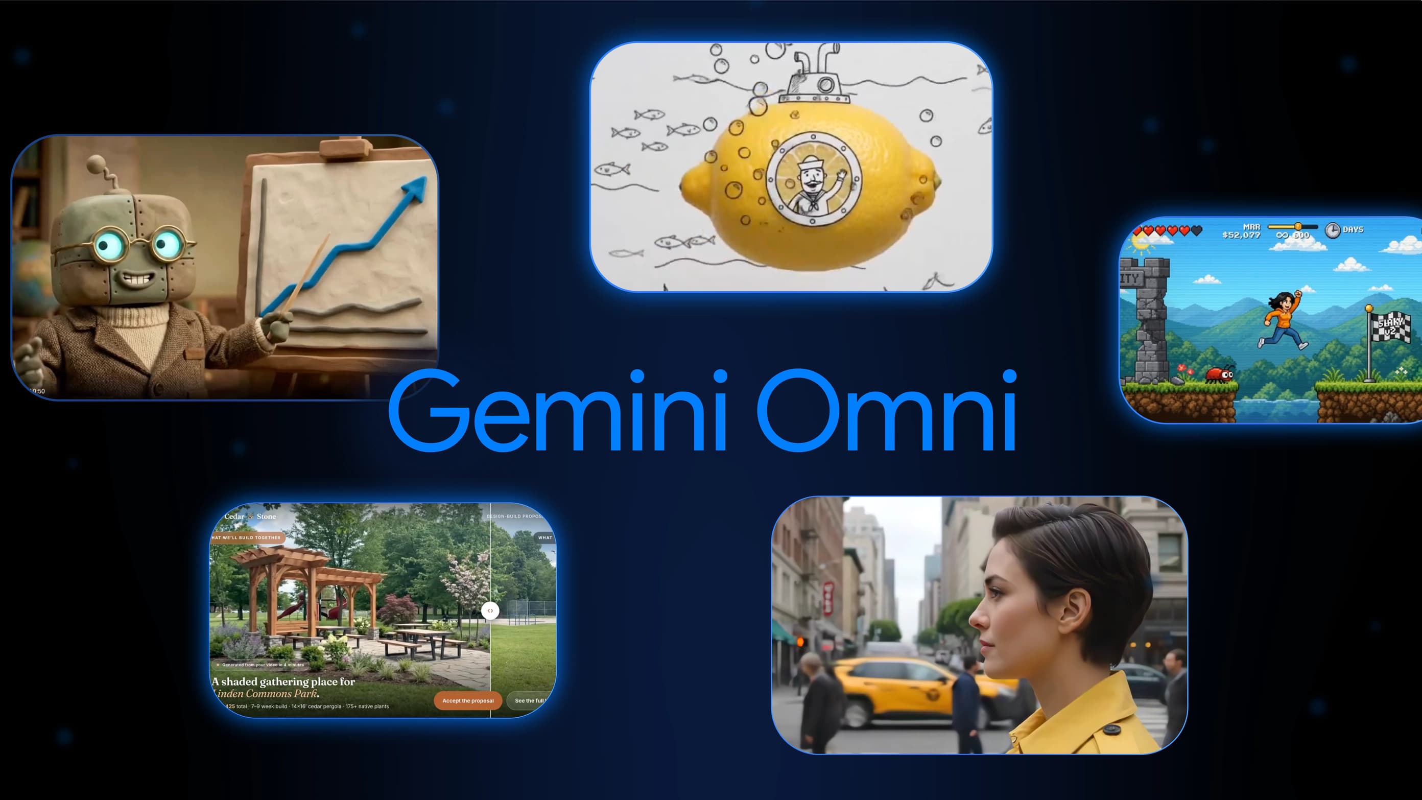 Official Gemini Omni key art showing five generated clips: a claymation robot at a chart, a hand-drawn lemon submarine, a pixel-art platformer, a landscaping design proposal, and a woman on a city street.