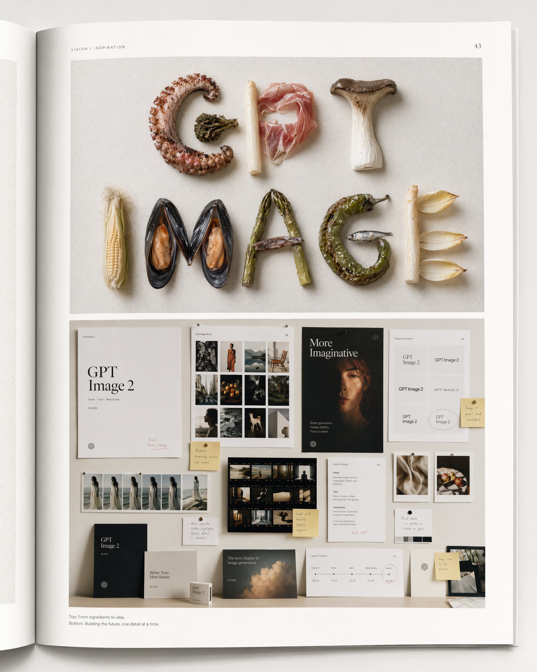Official ChatGPT Images 2.0 magazine spread combining GPT Image lettering, a creative mood board, portraits, contact sheets, and brand layouts