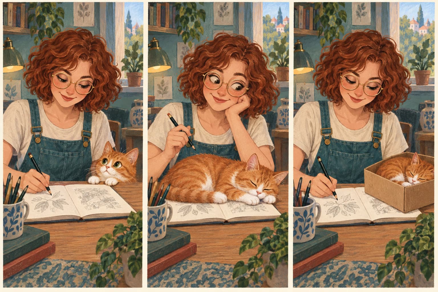 Three illustrated panels show an auburn-haired woman sketching, an orange cat interrupting her notebook, and the cat sleeping in a box while she resumes drawing.