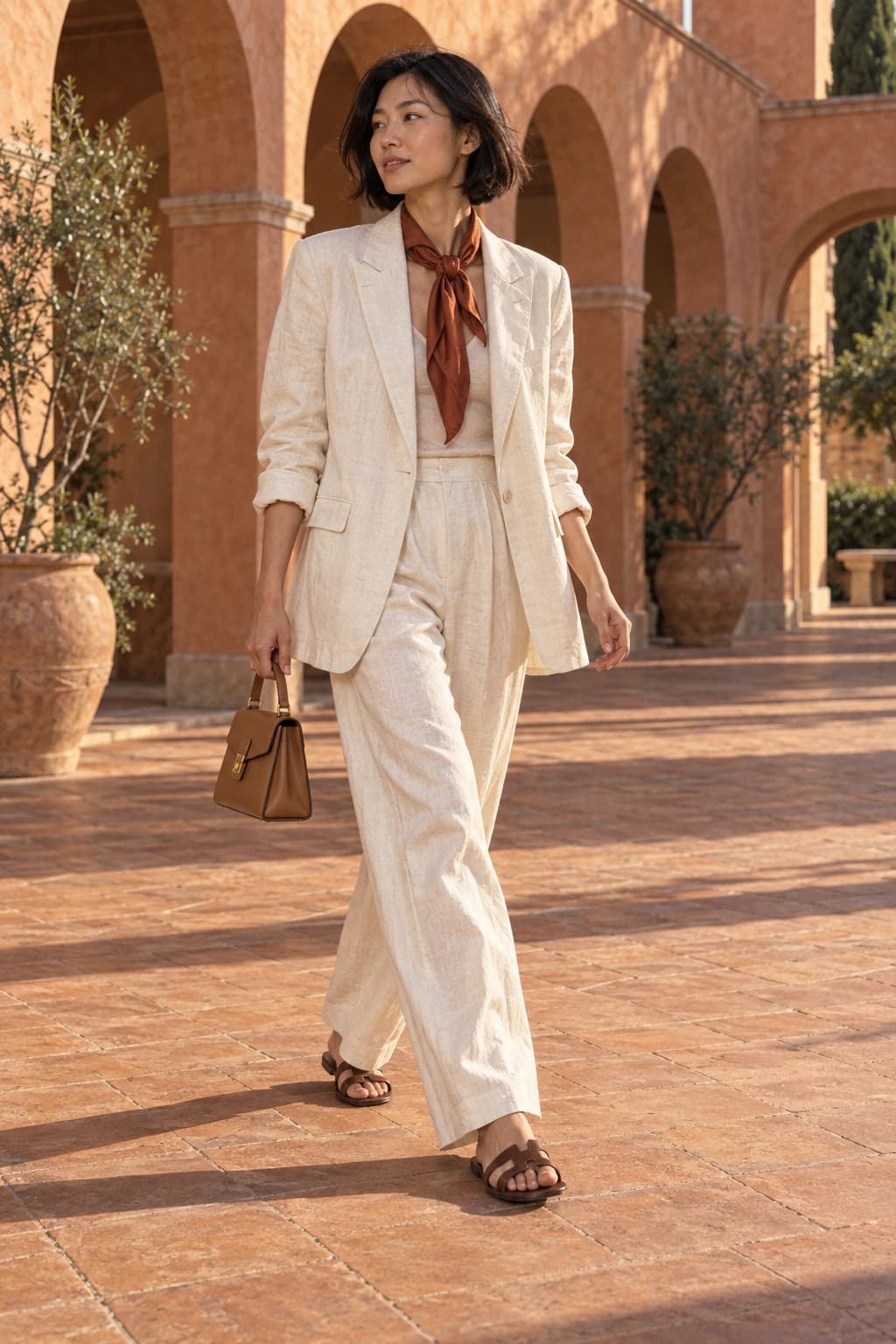 Adult woman in an ivory linen pantsuit and rust scarf walking through a terracotta courtyard with a tan handbag and both sandals visible.