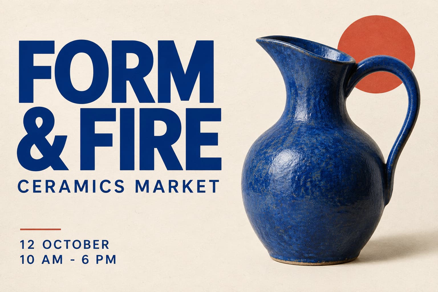 FORM & FIRE ceramics poster with cobalt lettering, event details, and a blue glazed jug.