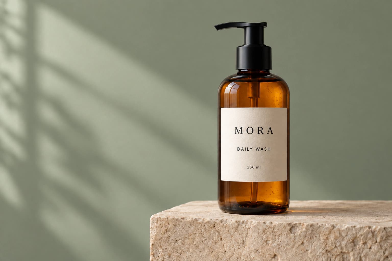 The MORA bottle after a background edit to sage green, retaining the black pump, cream label, and limestone plinth.