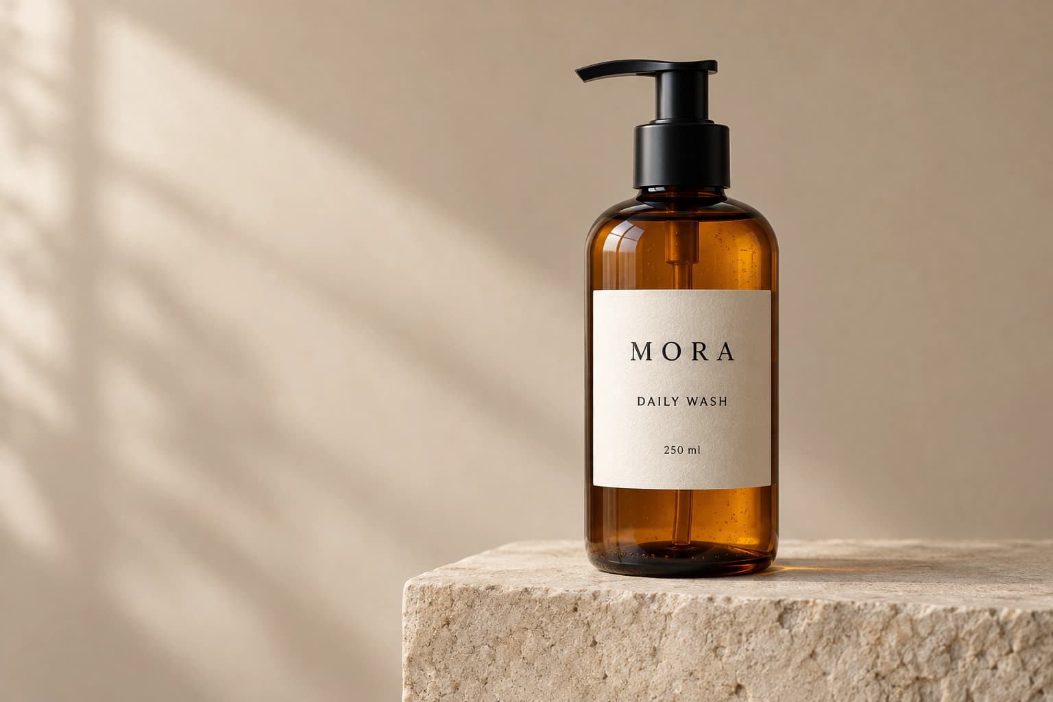 Fictional MORA amber pump bottle with DAILY WASH and 250 ml label text, on limestone against a sand-colored background.