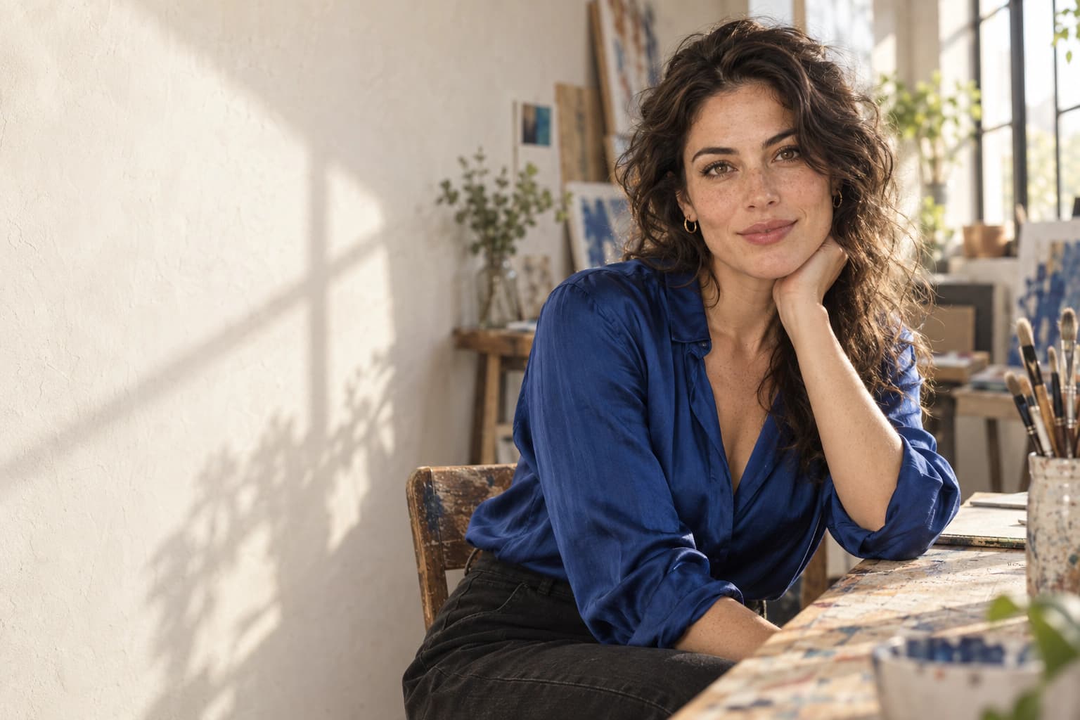 Woman with dark wavy hair and a cobalt blouse seated in a sunlit art studio, with an open ivory wall to her left.