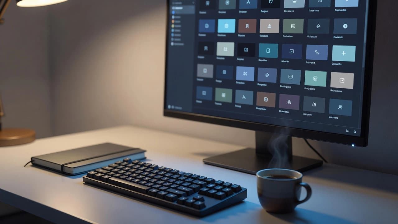 A developer's desk at dusk with a monitor showing a grid of generated image thumbnails