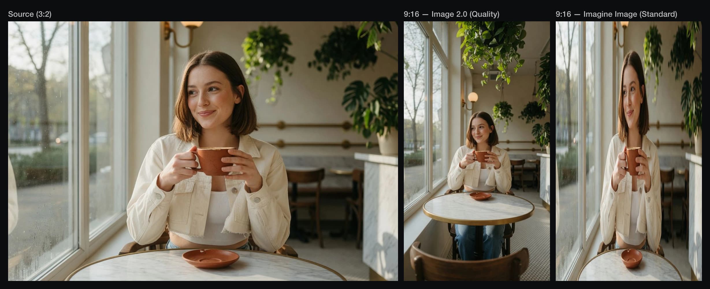 Three panels comparing a 3:2 source image rendered at 9:16 by Grok Imagine Image 2.0 Quality, which reframes correctly, and by standard Imagine Image, which vertically stretches the subject