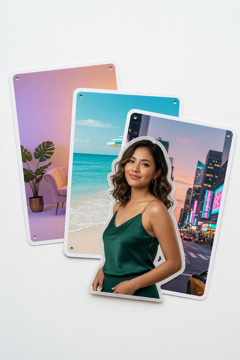 Official Grok Imagine Image 2.0 example: one photographed subject cut out with a clean edge and recomposed across three different backdrops