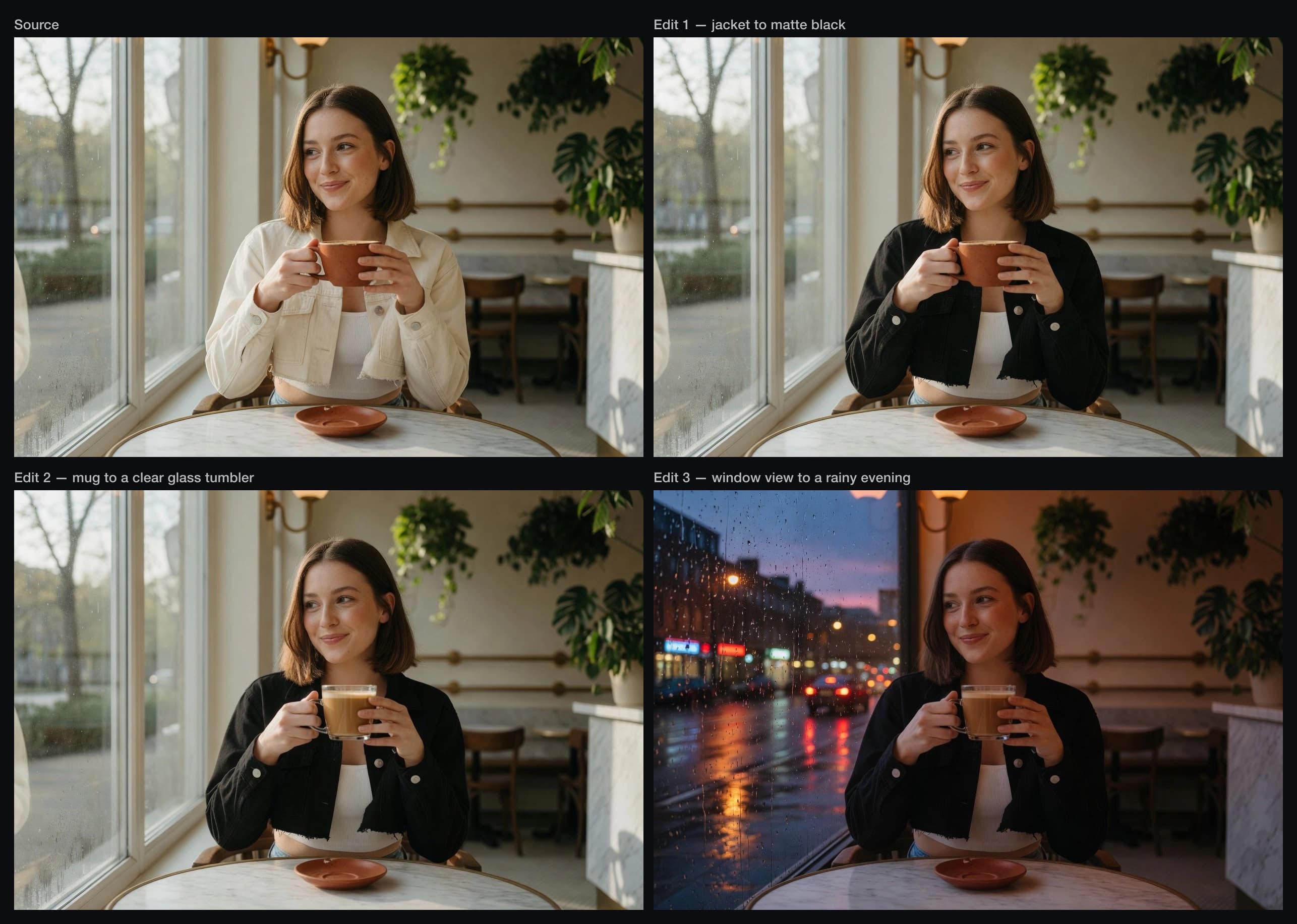 Four-panel grid showing a source photograph and three sequential Grok edits: jacket changed to black, mug changed to a glass tumbler, then the window view changed to a rainy evening