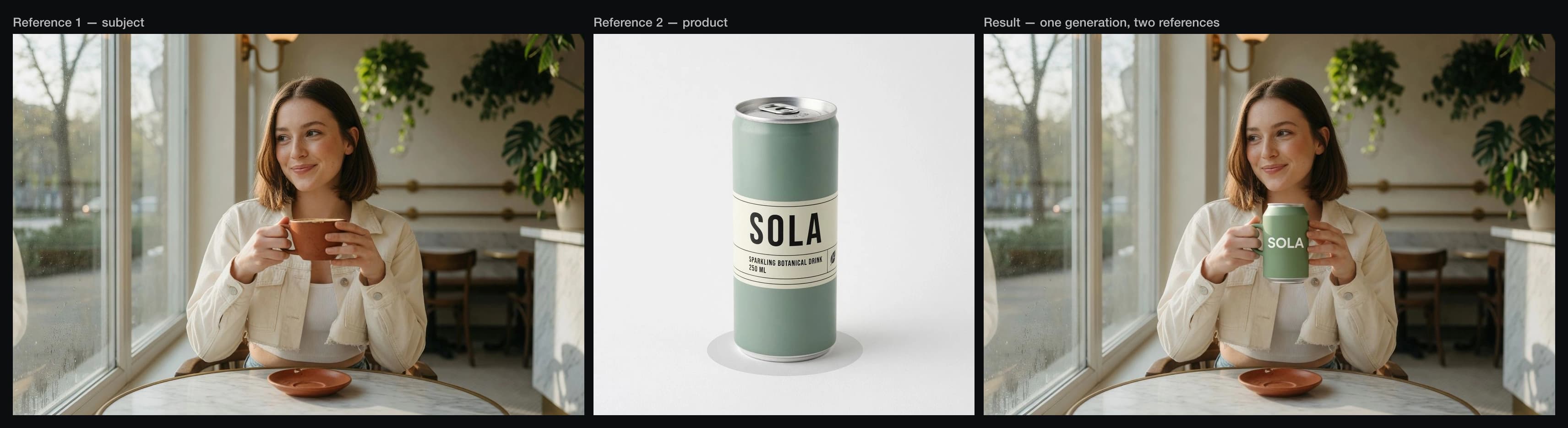 Three panels: a portrait reference, a studio product shot of a sage-green SOLA drink can, and the combined result with the woman holding the can