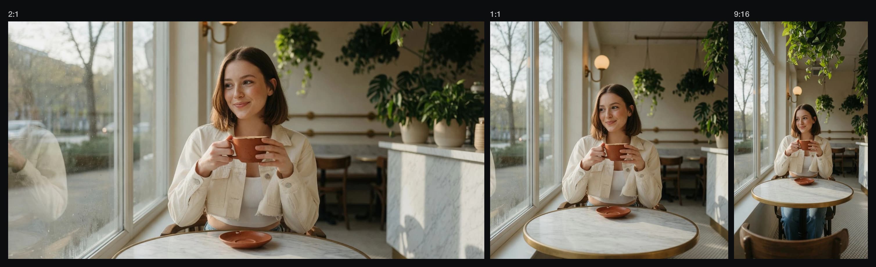 The same cafe photograph refilled at three aspect ratios: 2:1 wide, 1:1 square, and 9:16 vertical, each showing different invented content at the new edges