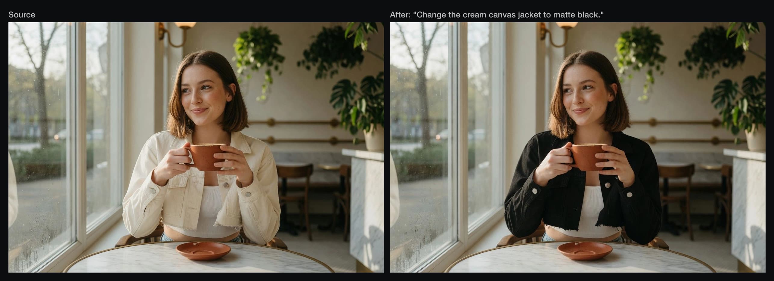 Side-by-side comparison: a source photograph of a woman in a cream jacket holding a terracotta mug in a cafe, and the same image after Grok was asked to change the jacket to matte black