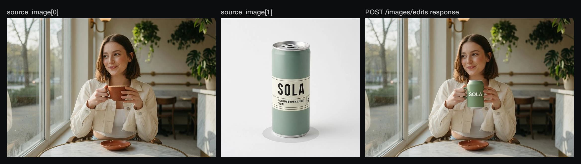 Two source images posted to the Grok images edits endpoint, a portrait and a product shot, and the single combined image returned in the response