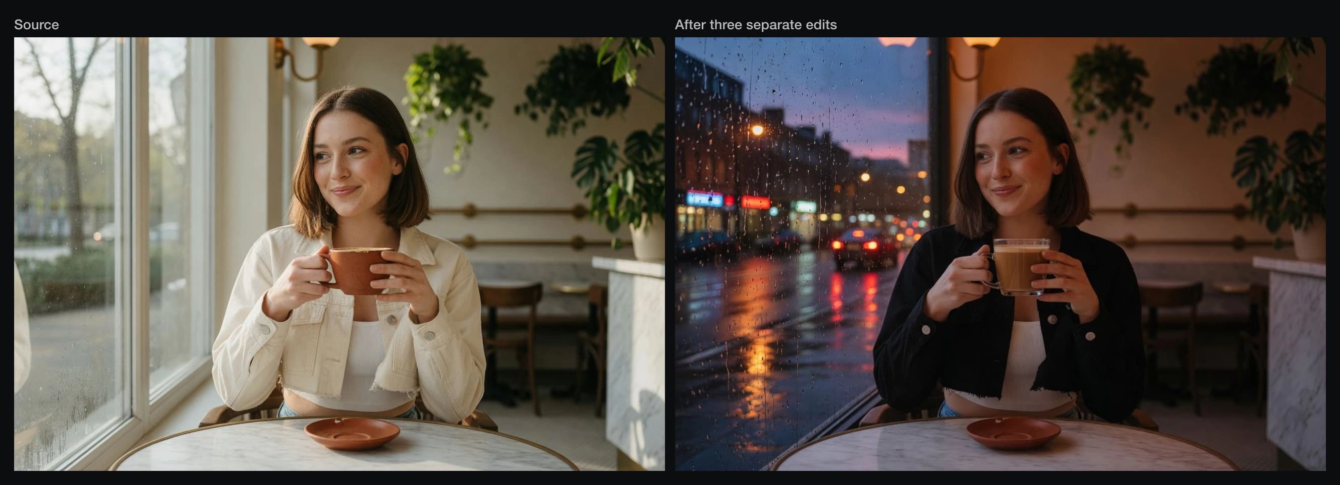 A source photograph of a woman in a cafe beside the same image after three sequential Grok edits changed her jacket, her cup, and the weather outside
