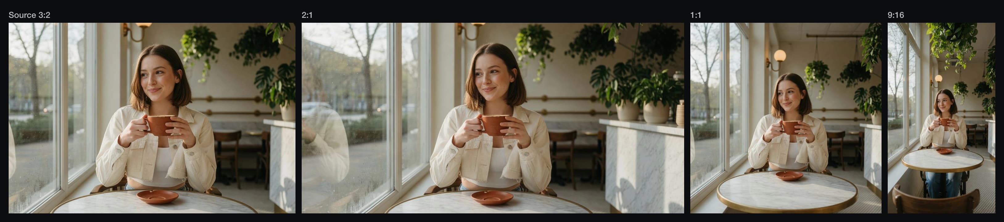 One cafe photograph shown as a 3:2 source and refilled by Grok at 2:1, 1:1, and 9:16, each with different invented content at the edges