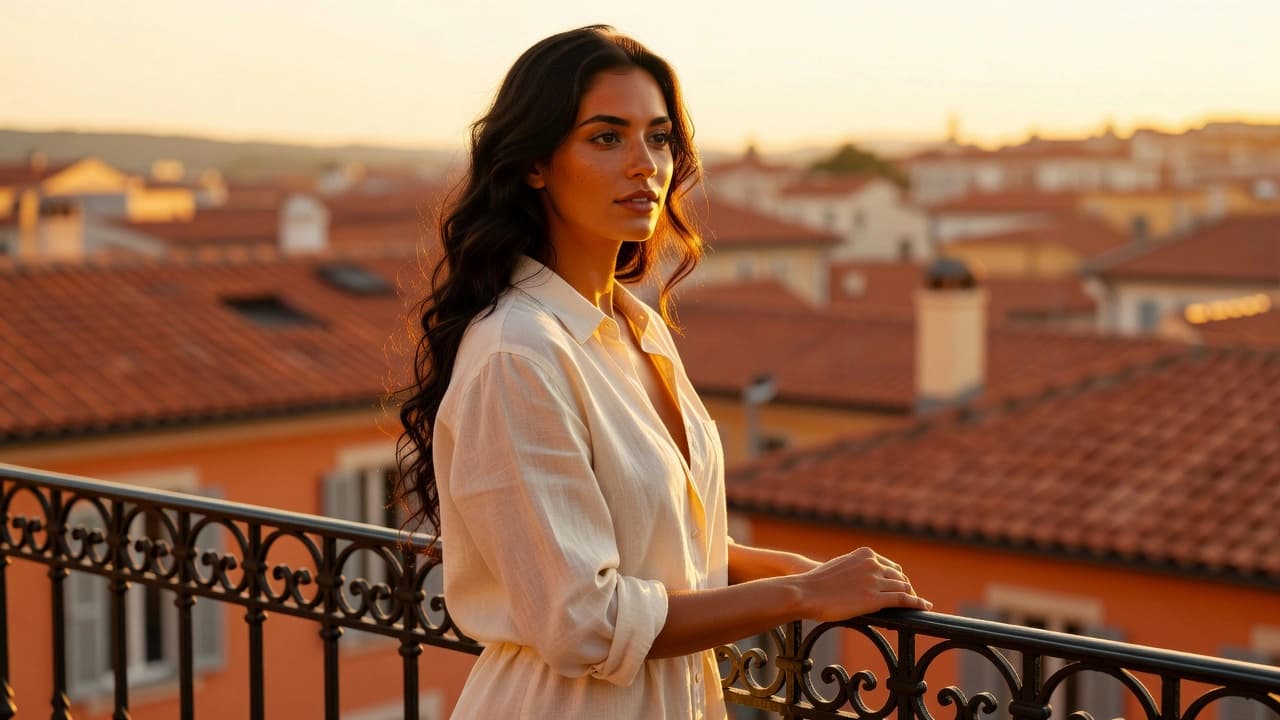 A woman on a sunlit balcony at golden hour, shot with shallow depth of field