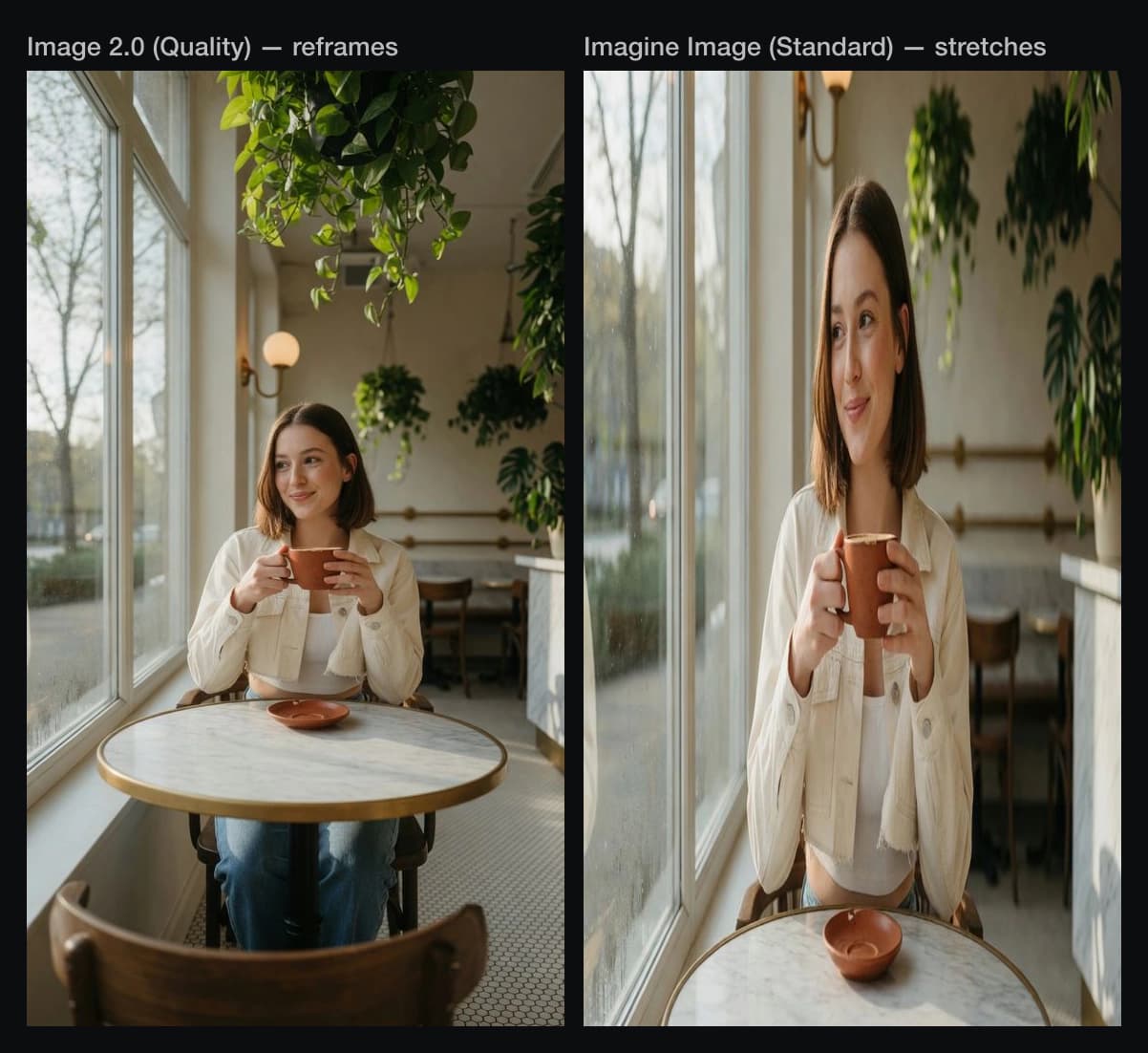 The same photograph rendered at 9:16 by two Grok models: Image 2.0 reframes the scene correctly while the standard model stretches the subject vertically