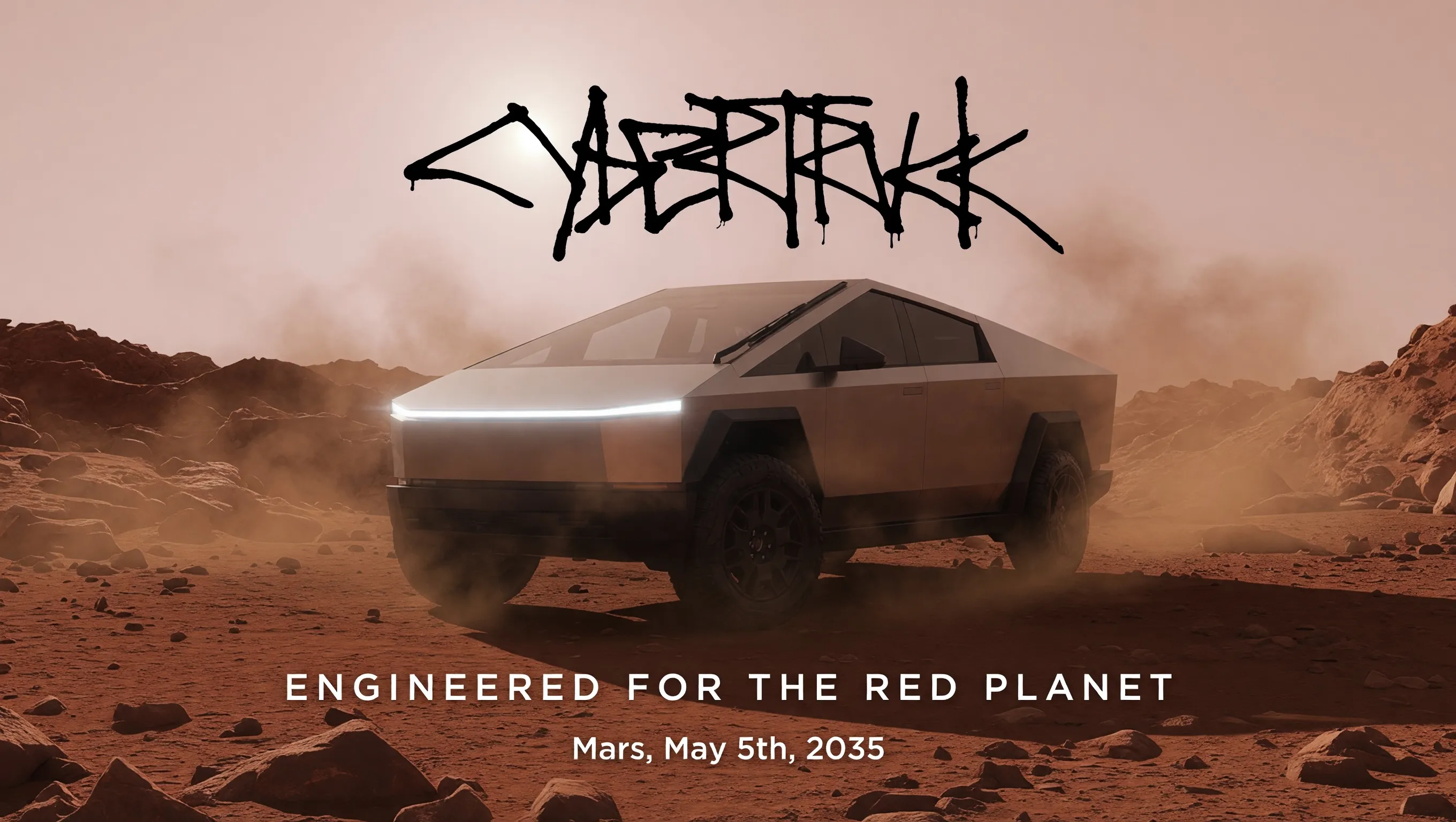 Mars-themed Cybertruck event advertisement created by Grok Imagine from vehicle and brand-style references