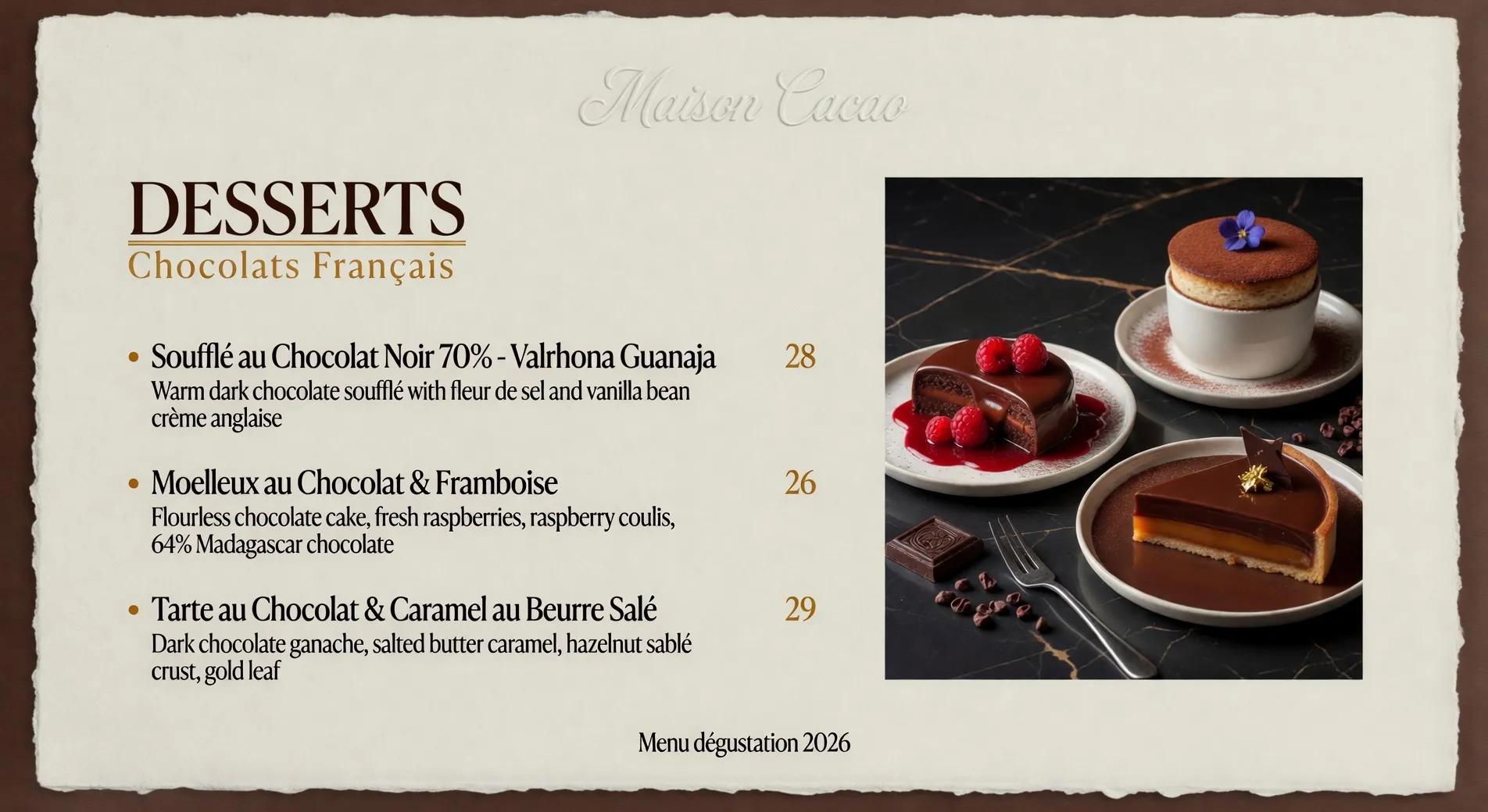 French dessert menu generated by Grok Imagine Quality Mode with a structured layout and readable item names