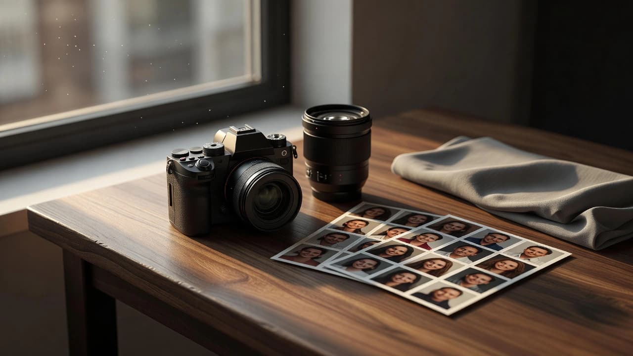 A photographer's tabletop with a camera, an 85mm lens, and a printed contact sheet of portrait frames in warm window light