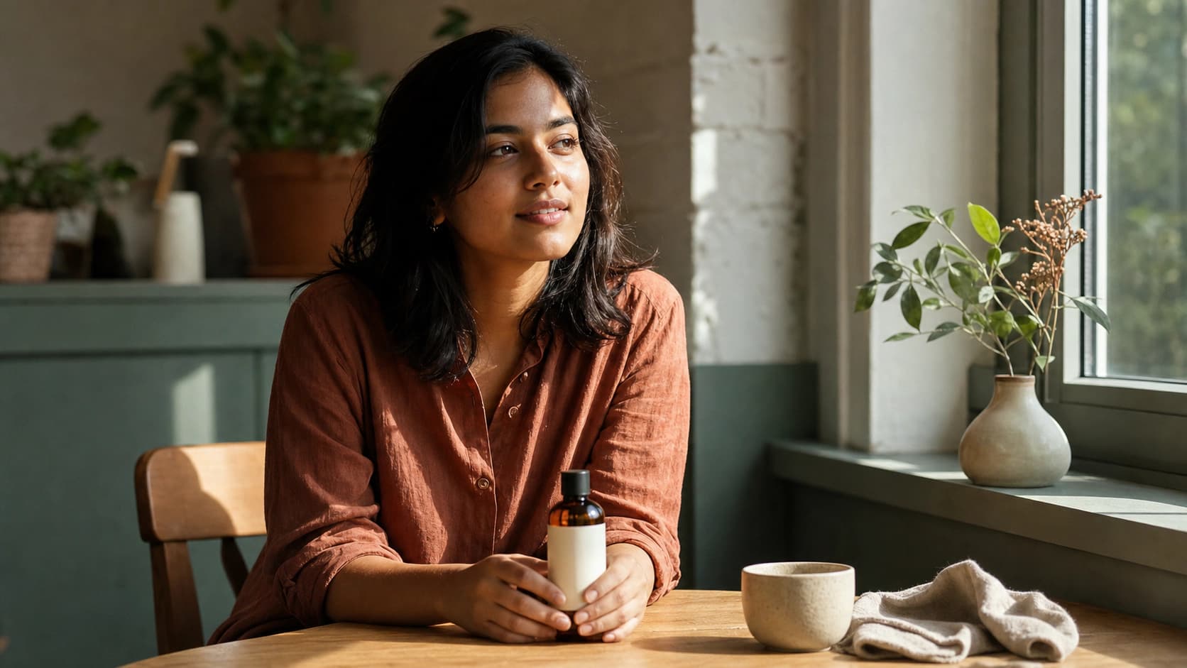 A synthetic persona sitting at a sunlit cafe table, holding an unlabelled amber glass bottle
